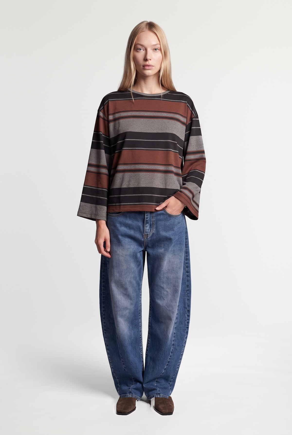 Wide-stripe long-sleeve tee - Black/Dark Brown - front view