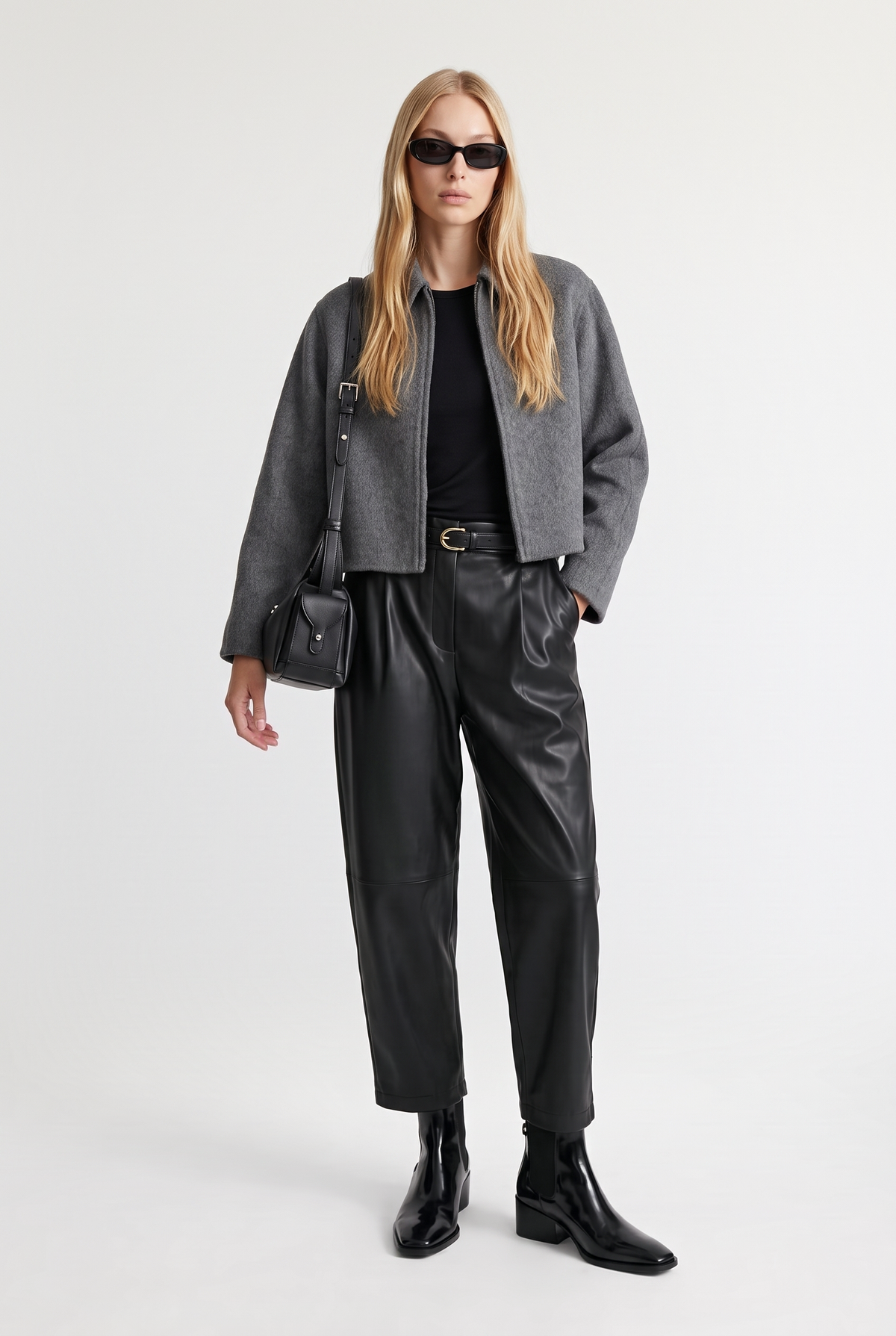 Zip-Up Crooped Jacket - Grey - front view