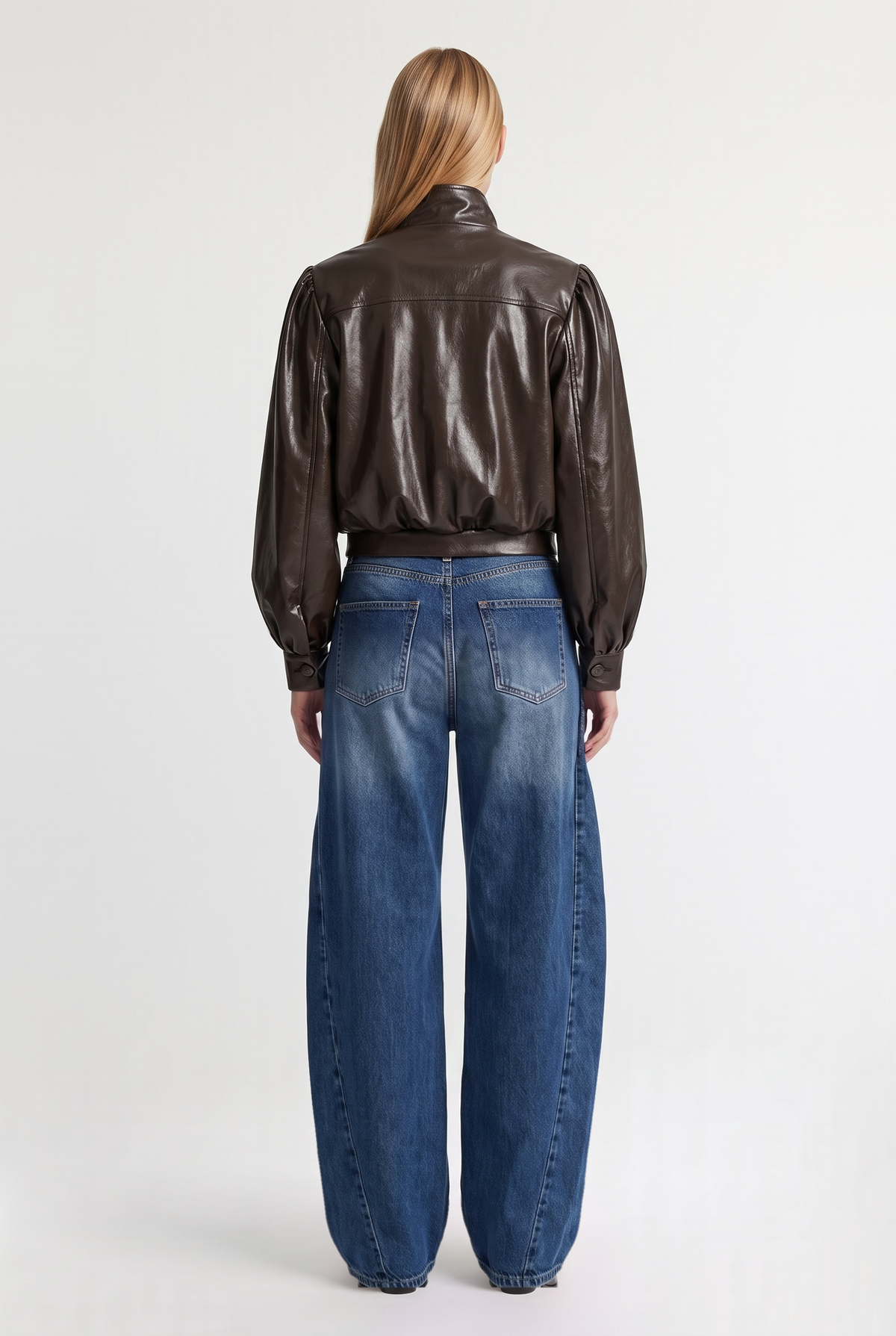Leather Puff-Sleeve Jacket - Dark Brown - back view