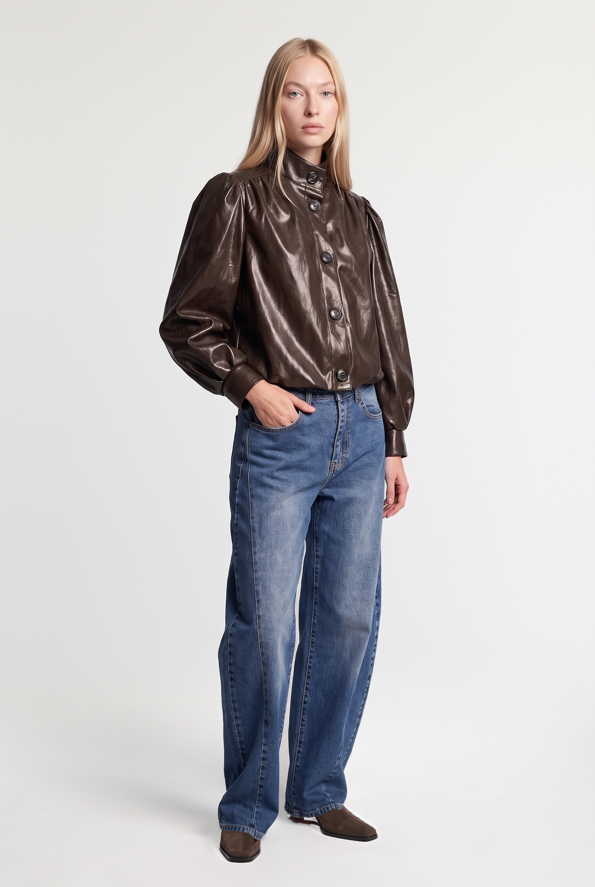 Leather Puff-Sleeve Jacket - Dark Brown - front view