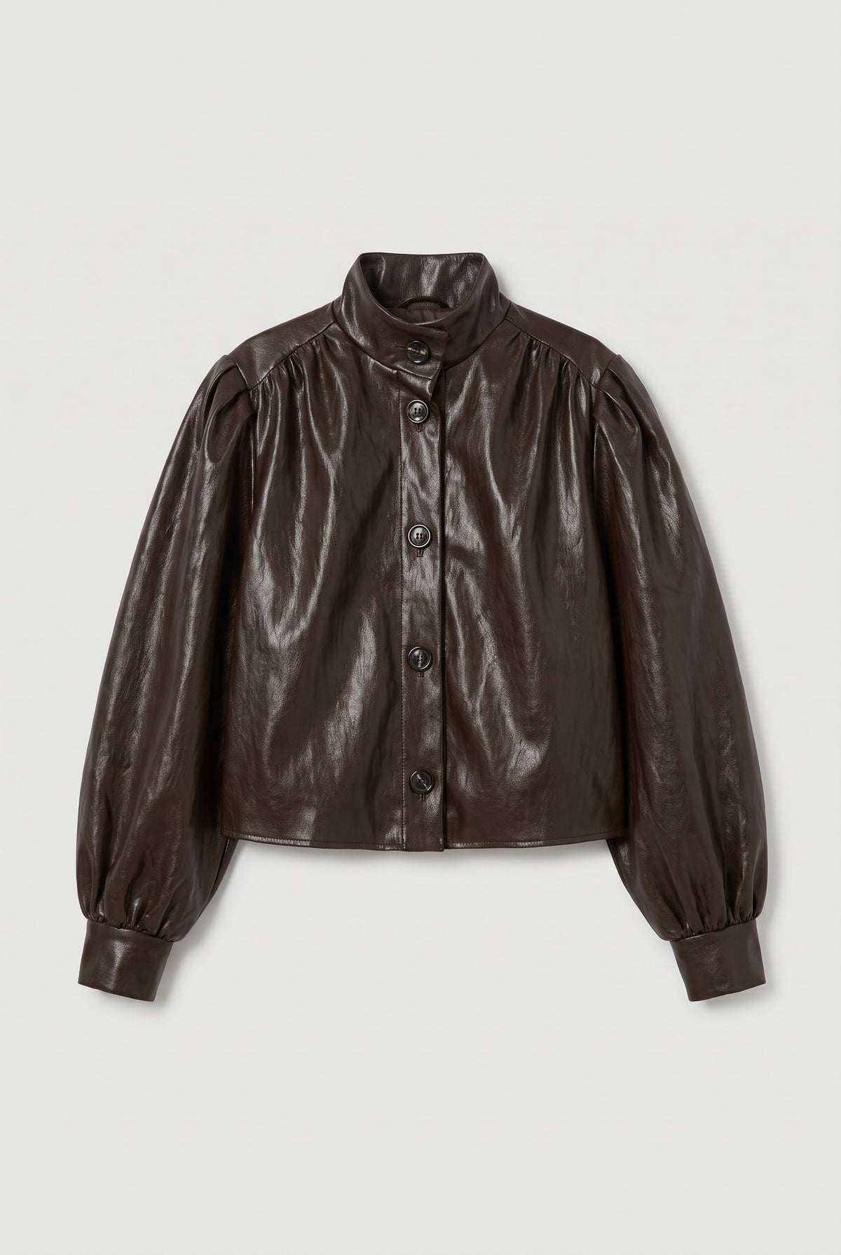 Leather Puff-Sleeve Jacket - Dark Brown - flat lay