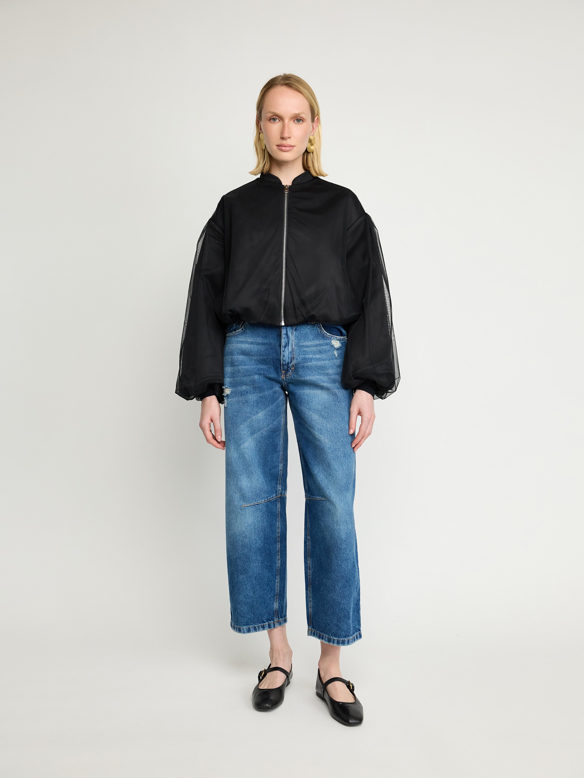 Blouson aviateur avec manches superposées en tulle