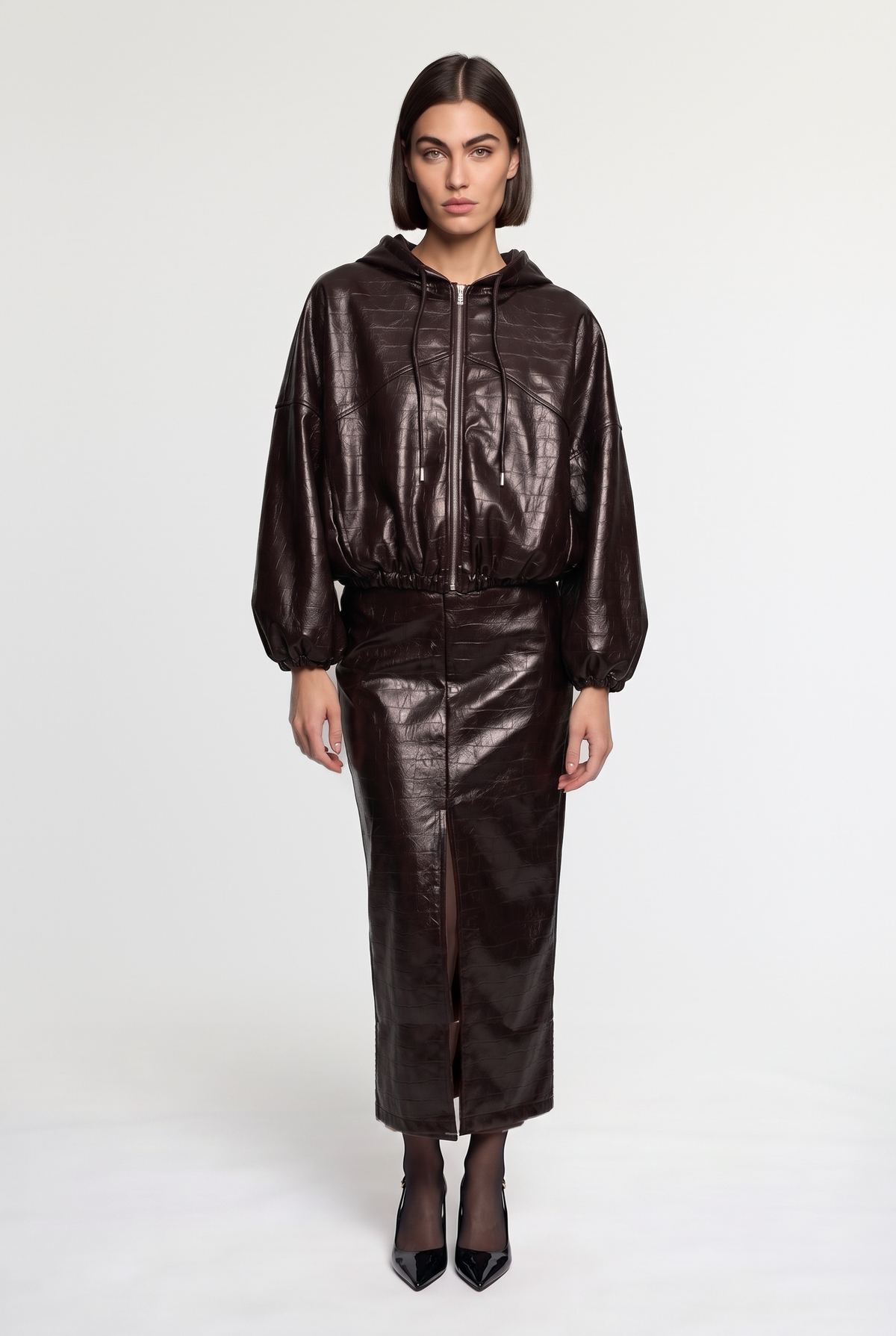 Croc patent hooded zip jacket - Brown - front view