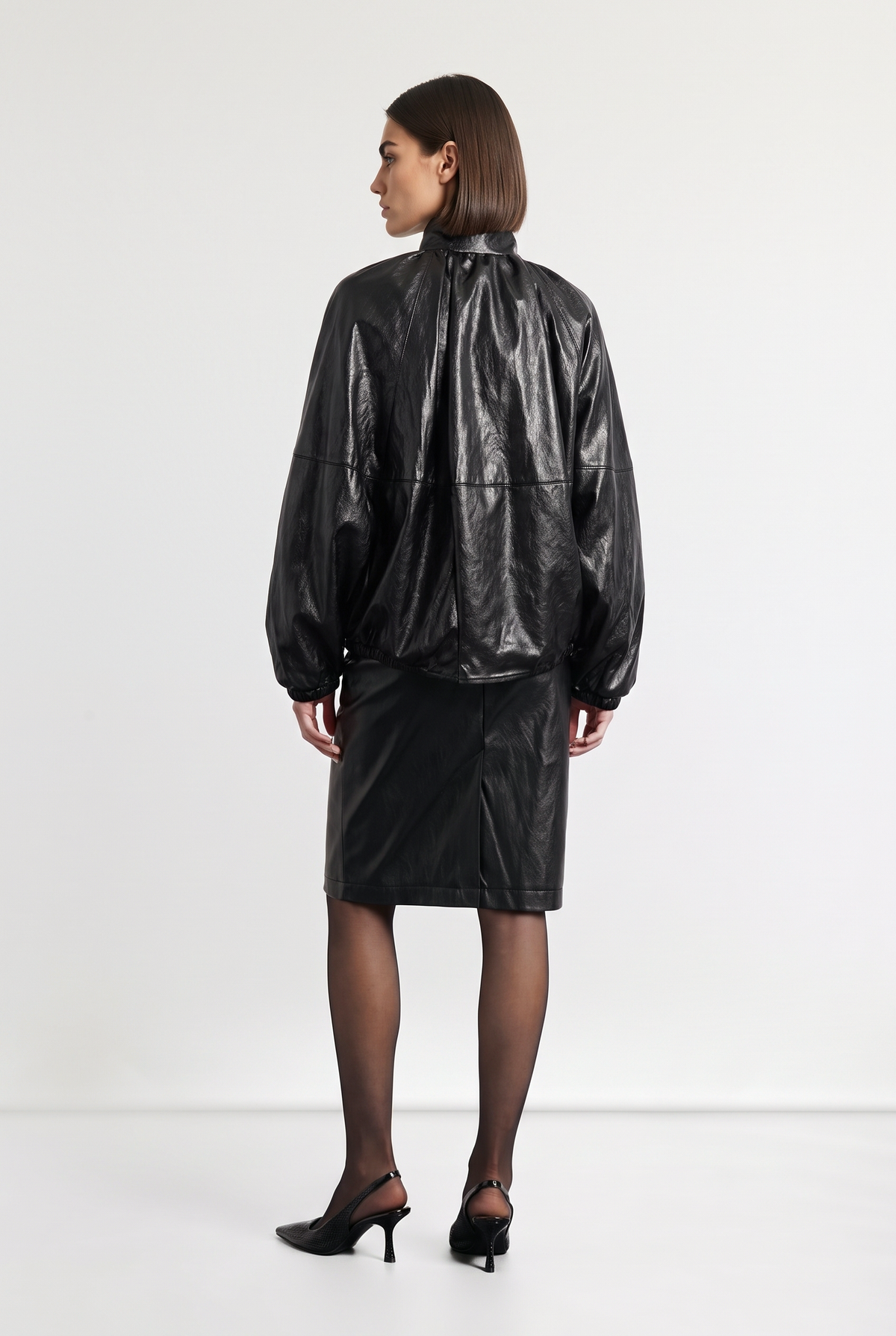 High-Neck Leather Jacket - Black - back view