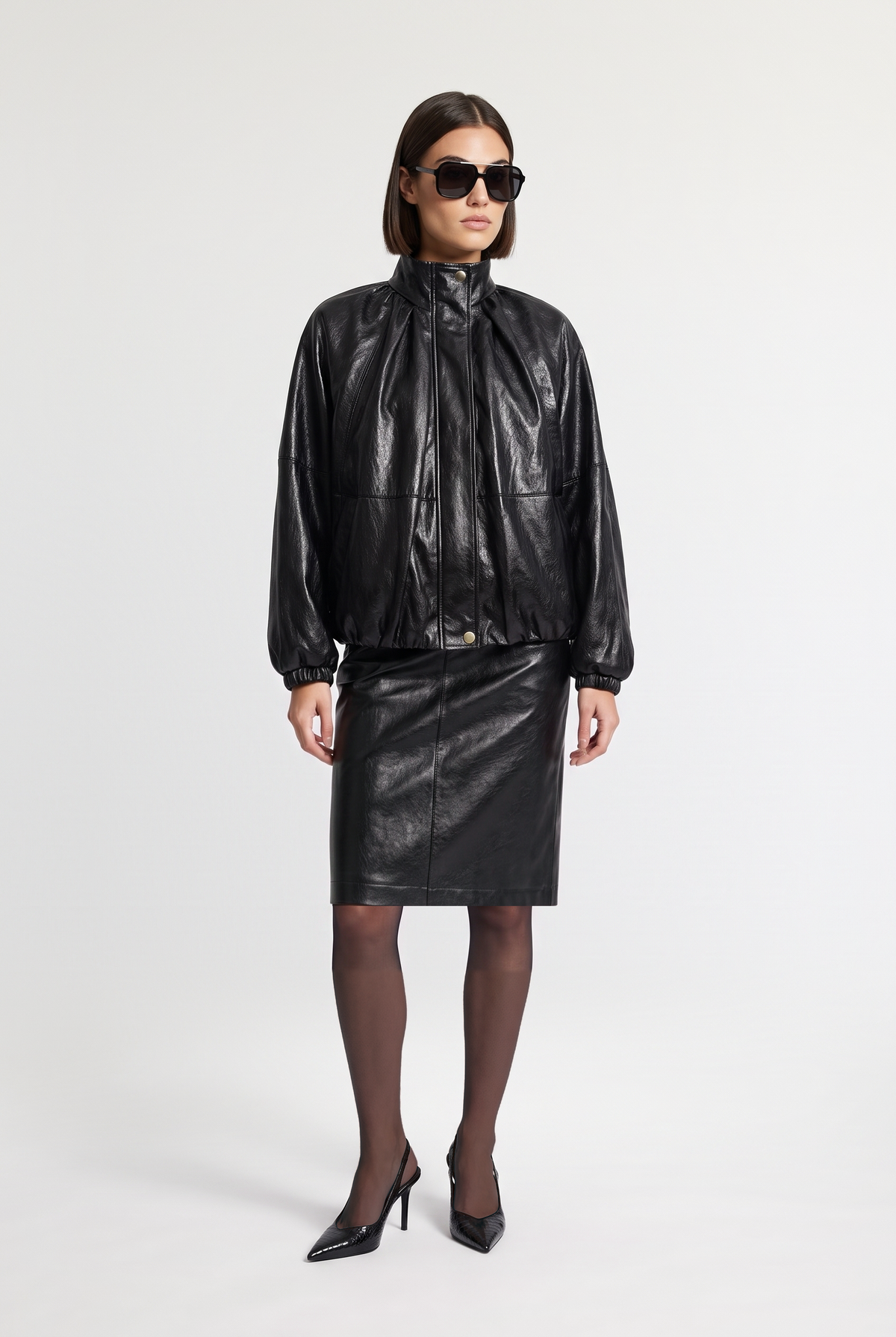 High-Neck Leather Jacket - Black - front view