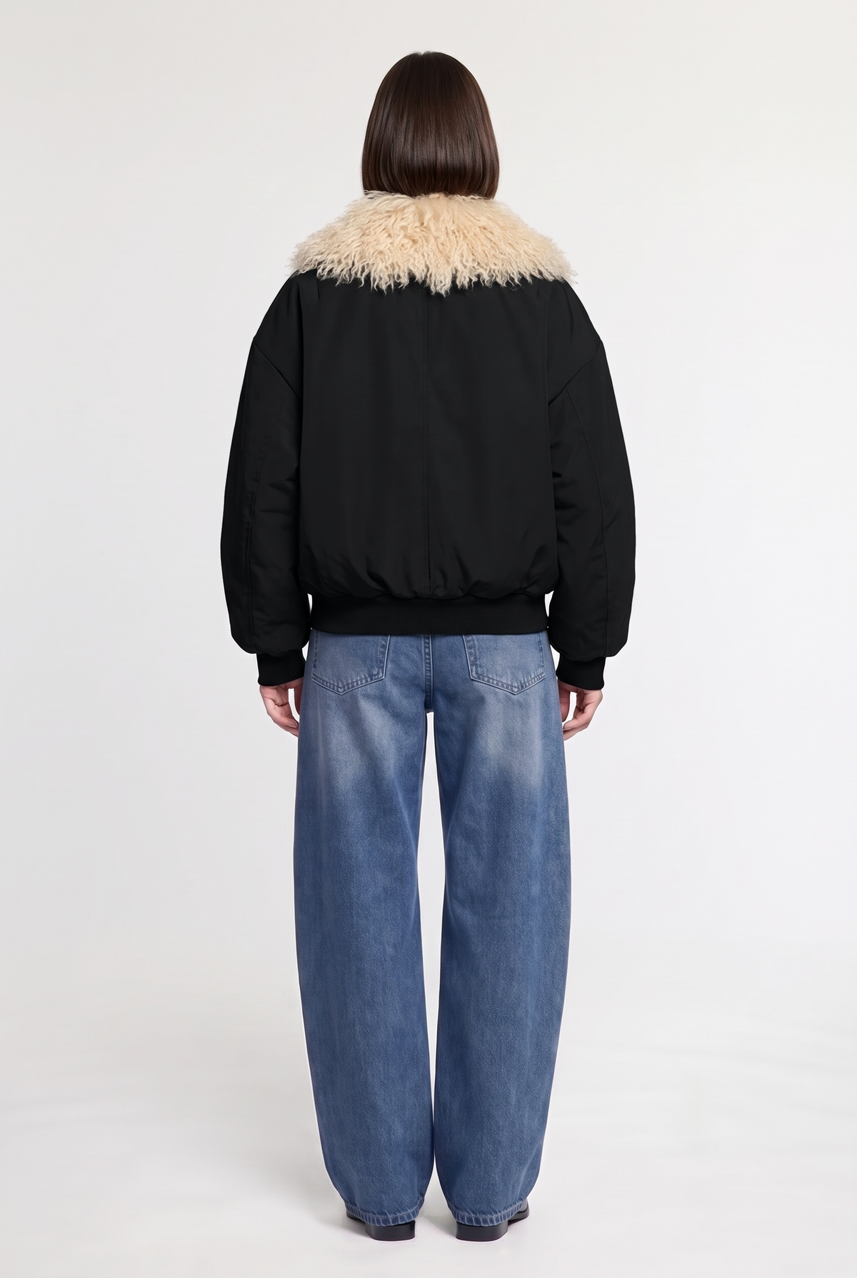 Shaggy-Collar Bomber Jacket - Black - back view