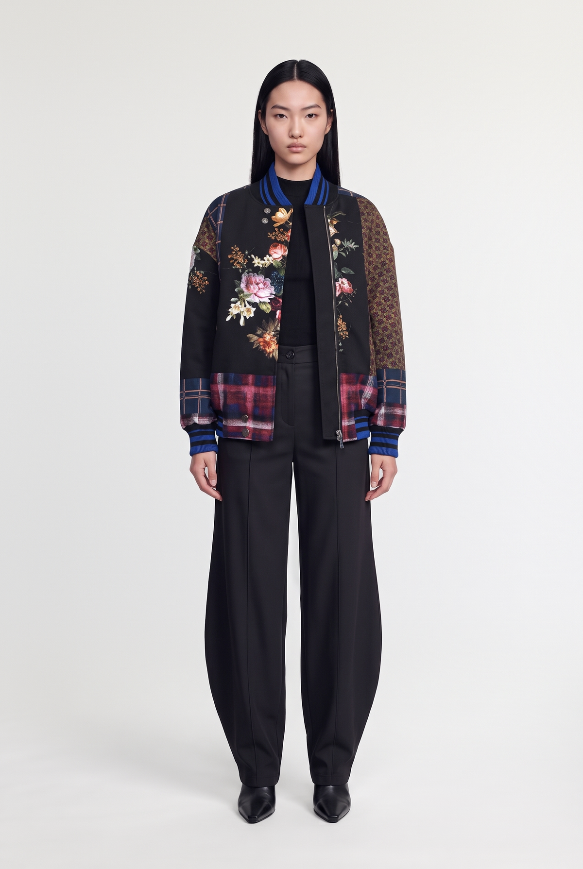 Floral Patchwork Bomber Jacket - Multi - front view