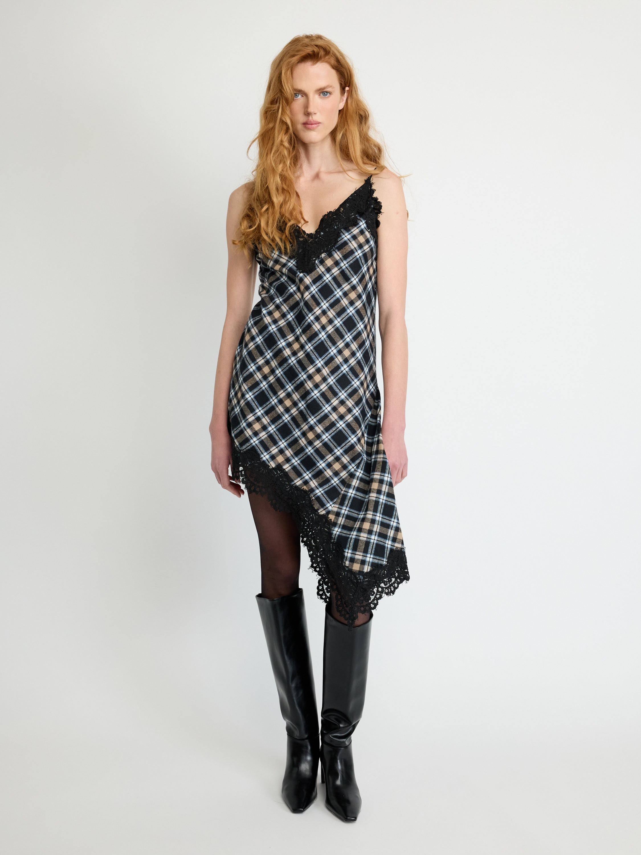 Checked Slip Dress with Lace Trim