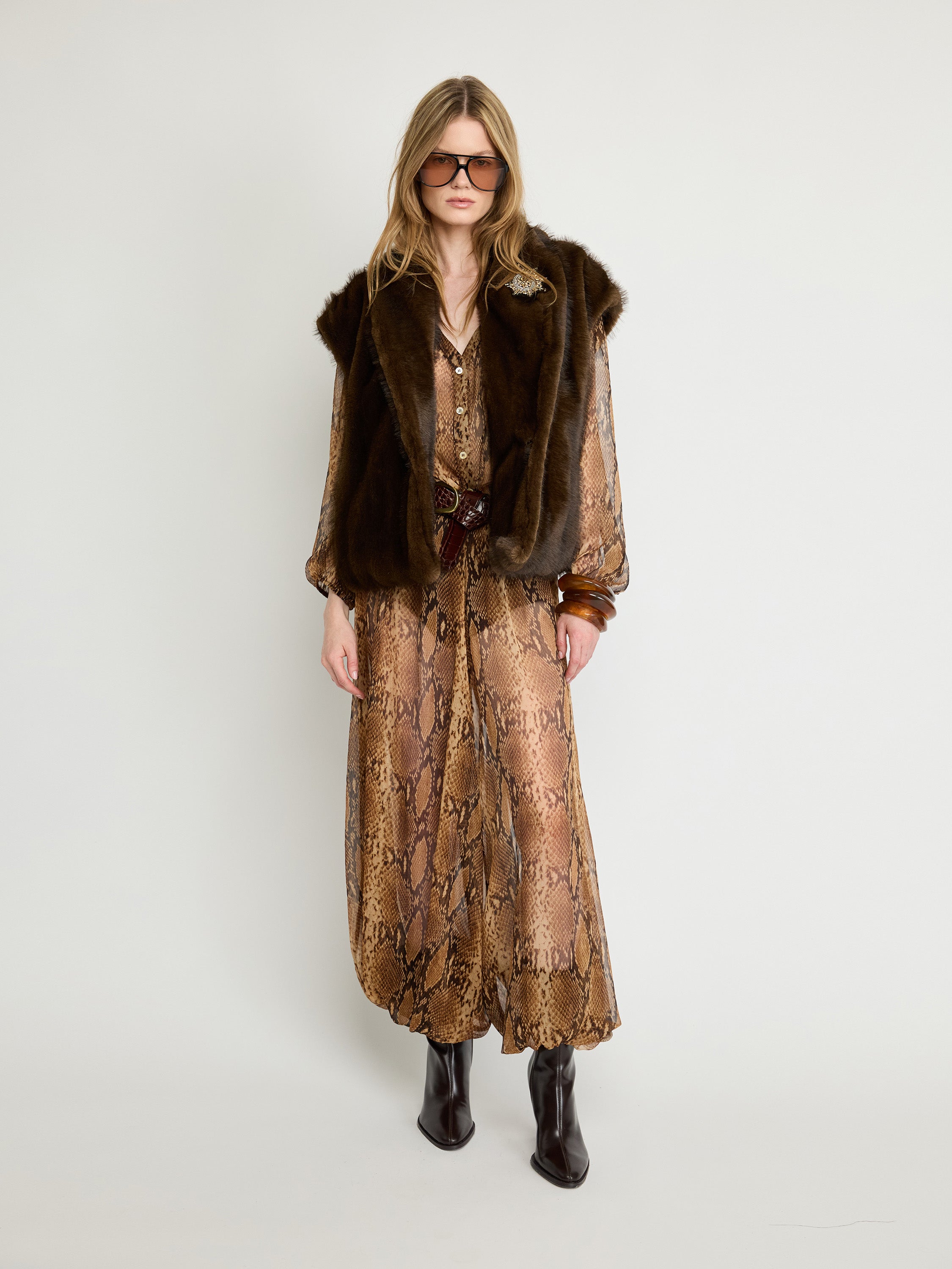Cropped Faux-Fur Jacket with Brooch