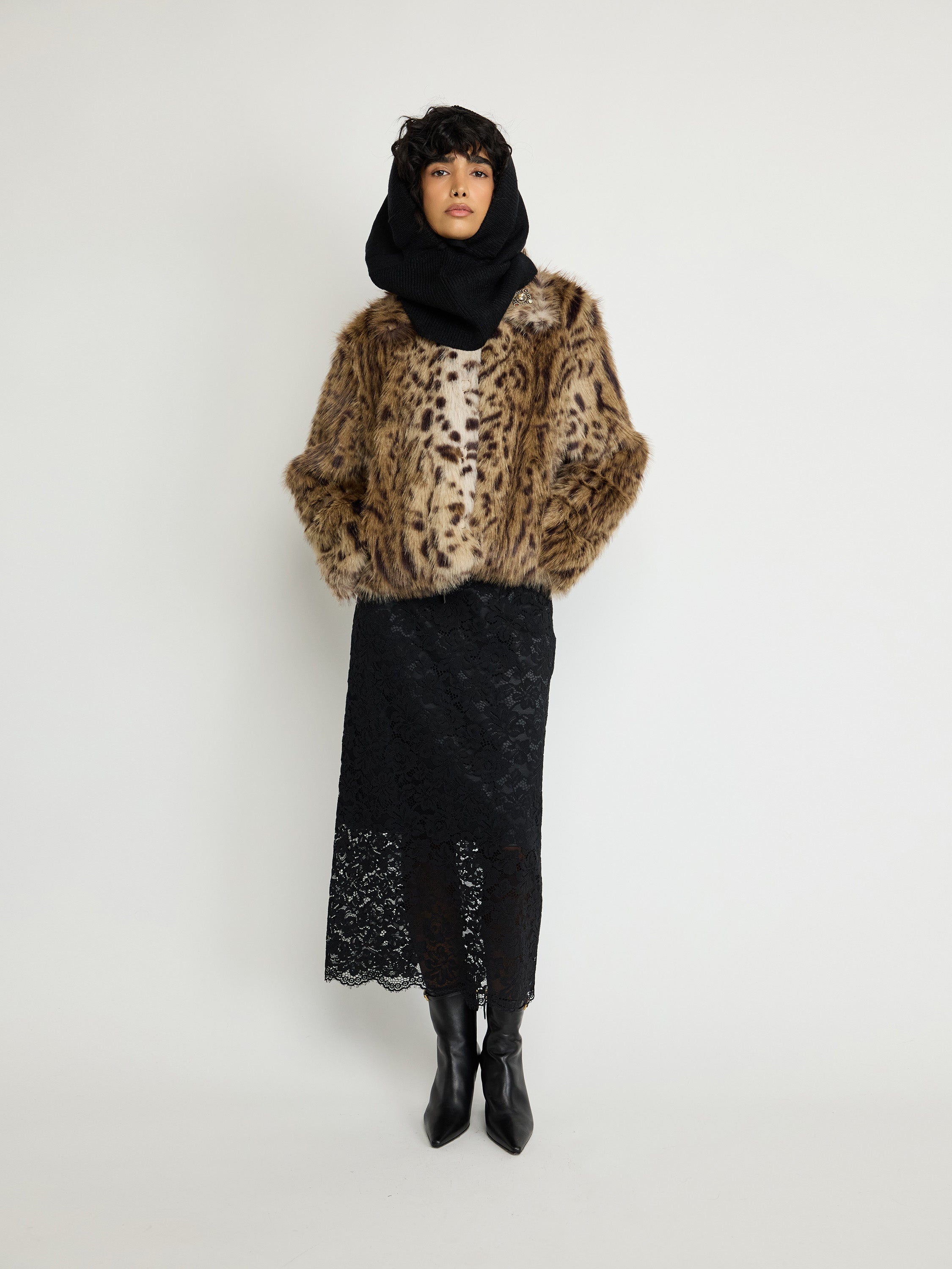 Leopard Faux-Fur Jacket with Brooch