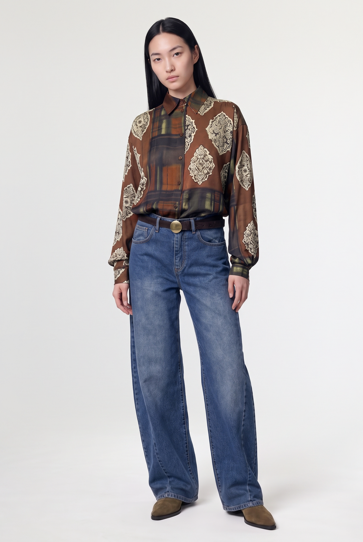 Patchwork-Print Shirt - Brown - front view