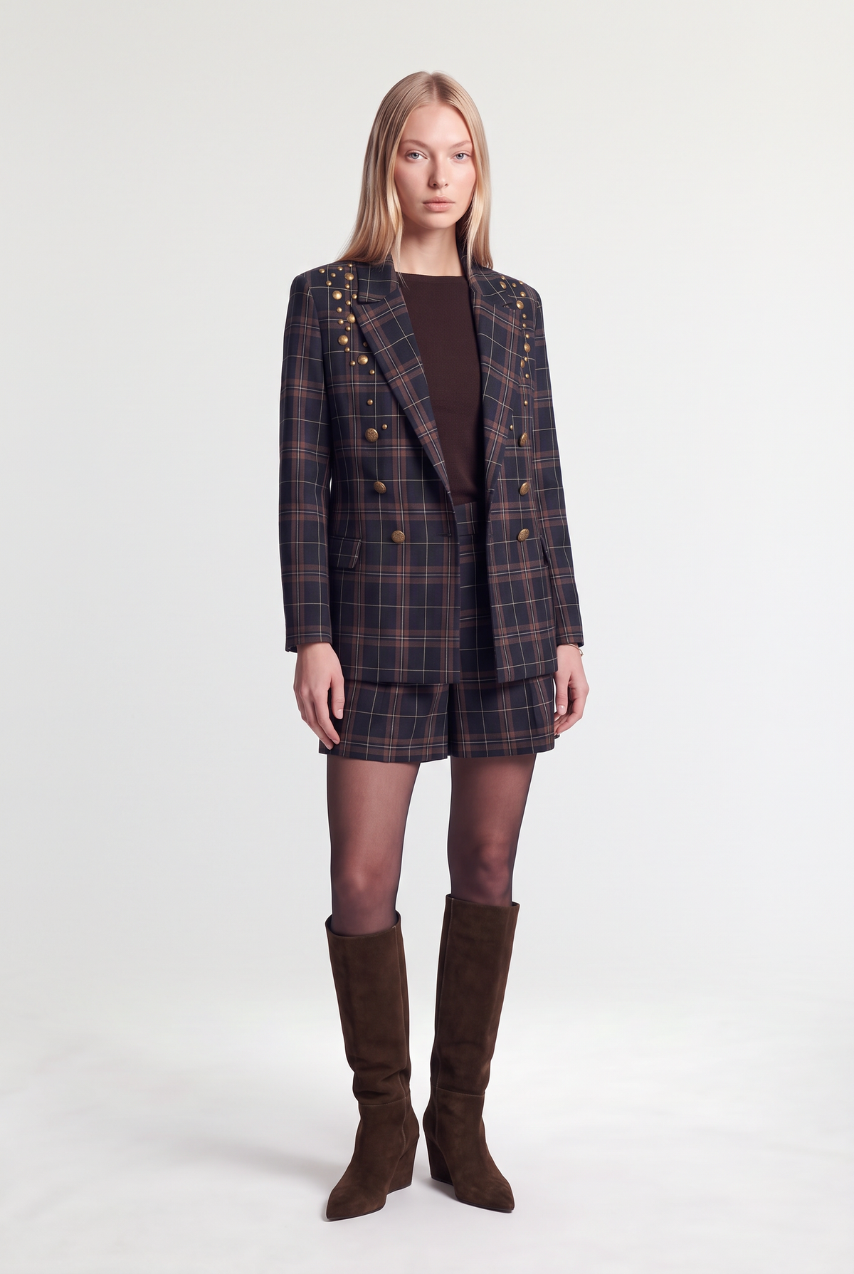 Studded tartan double-breasted blazer - Multi - front view
