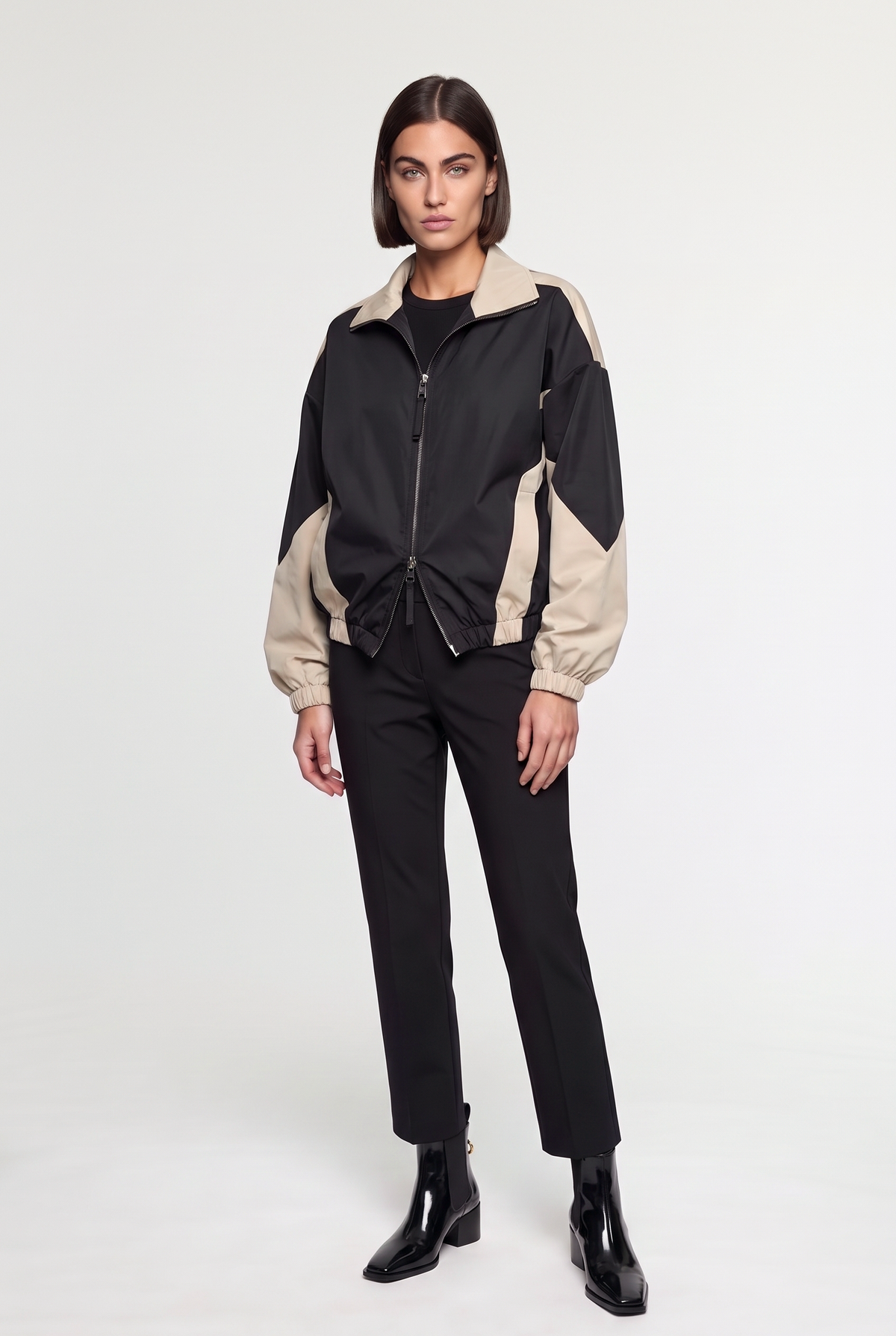 Black and cream colourblock bomber - Black - front view
