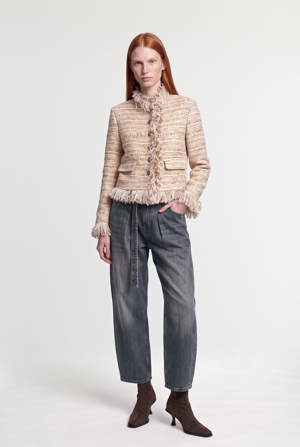 Fringed boucle tweed jacket - Beige - front view