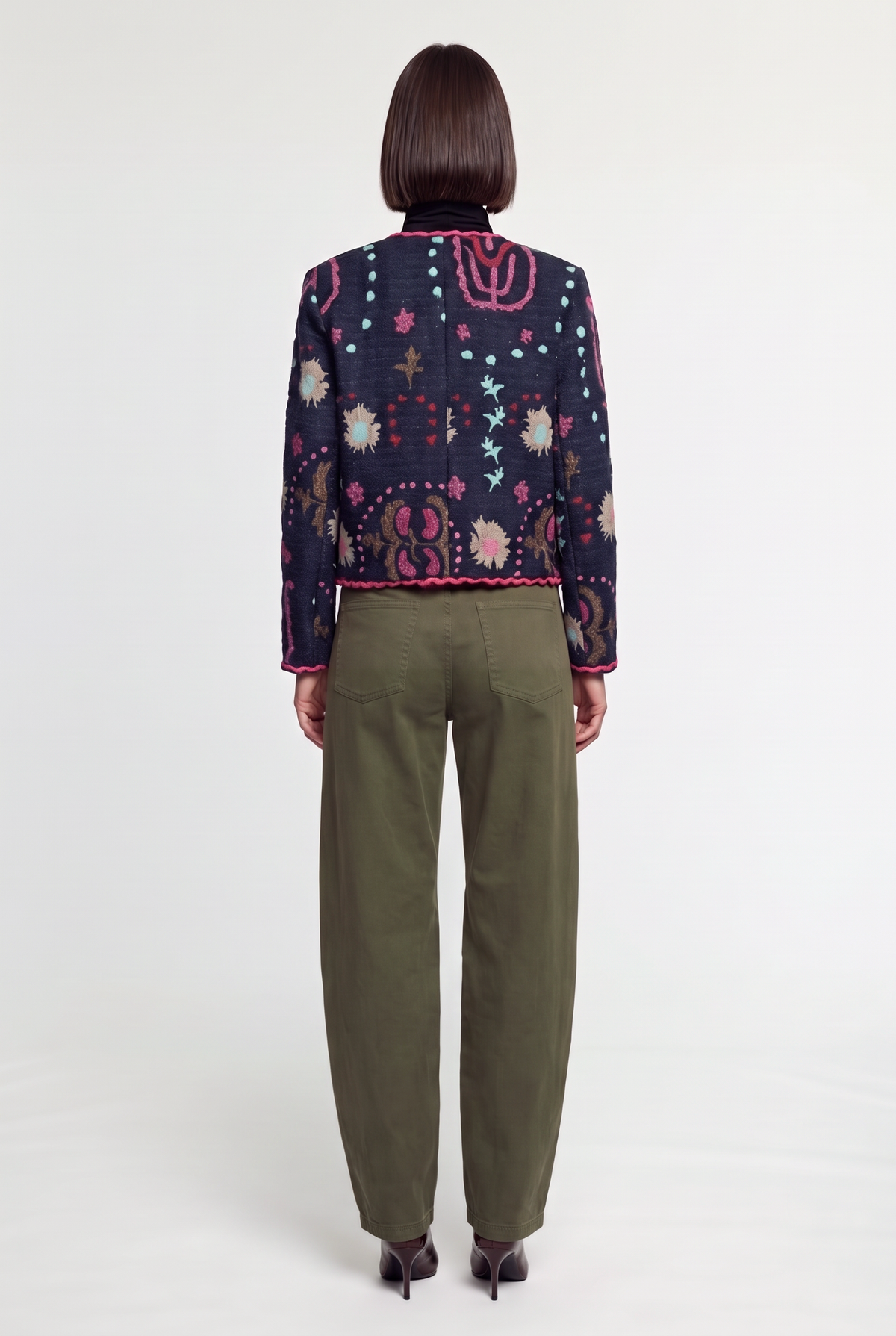 Embroidered Tweed Jacket with Braided Trim - Multi - back view
