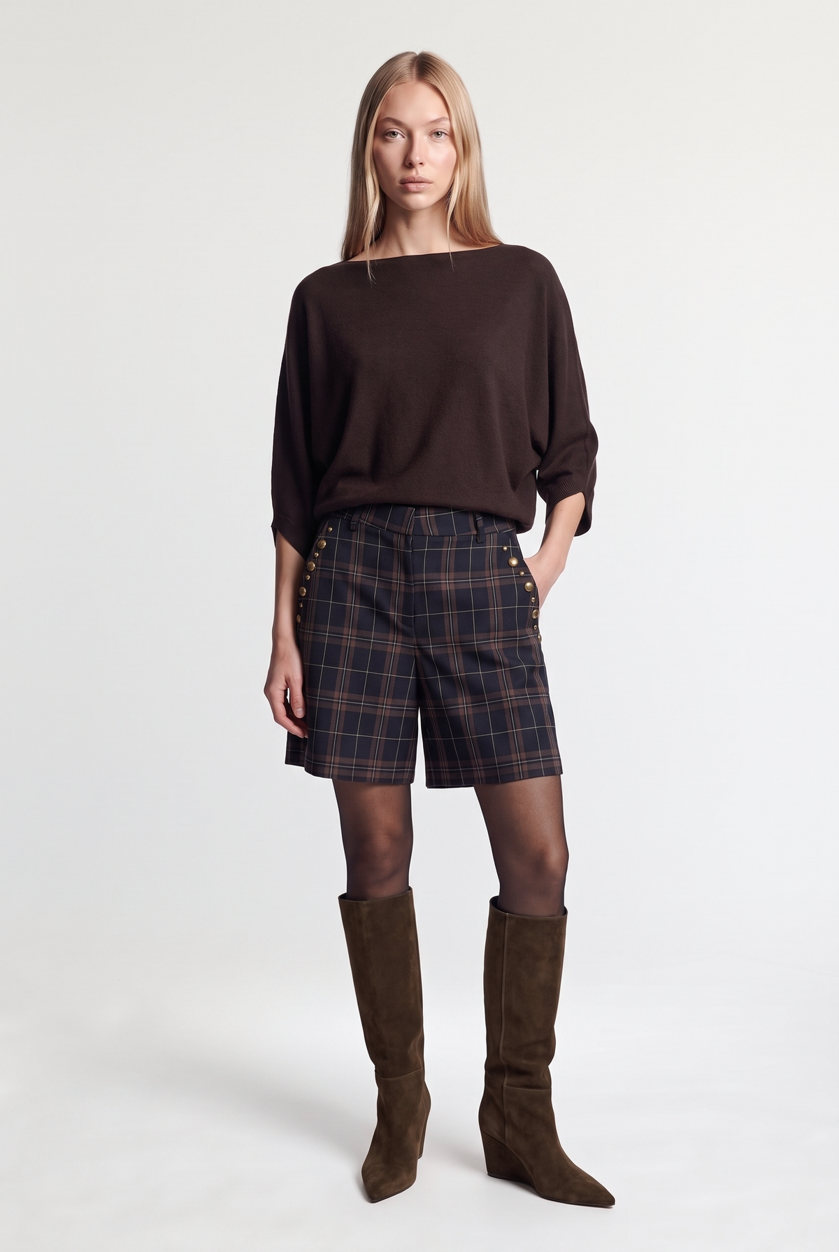 Check tailored shorts - Multi - styled look, front view