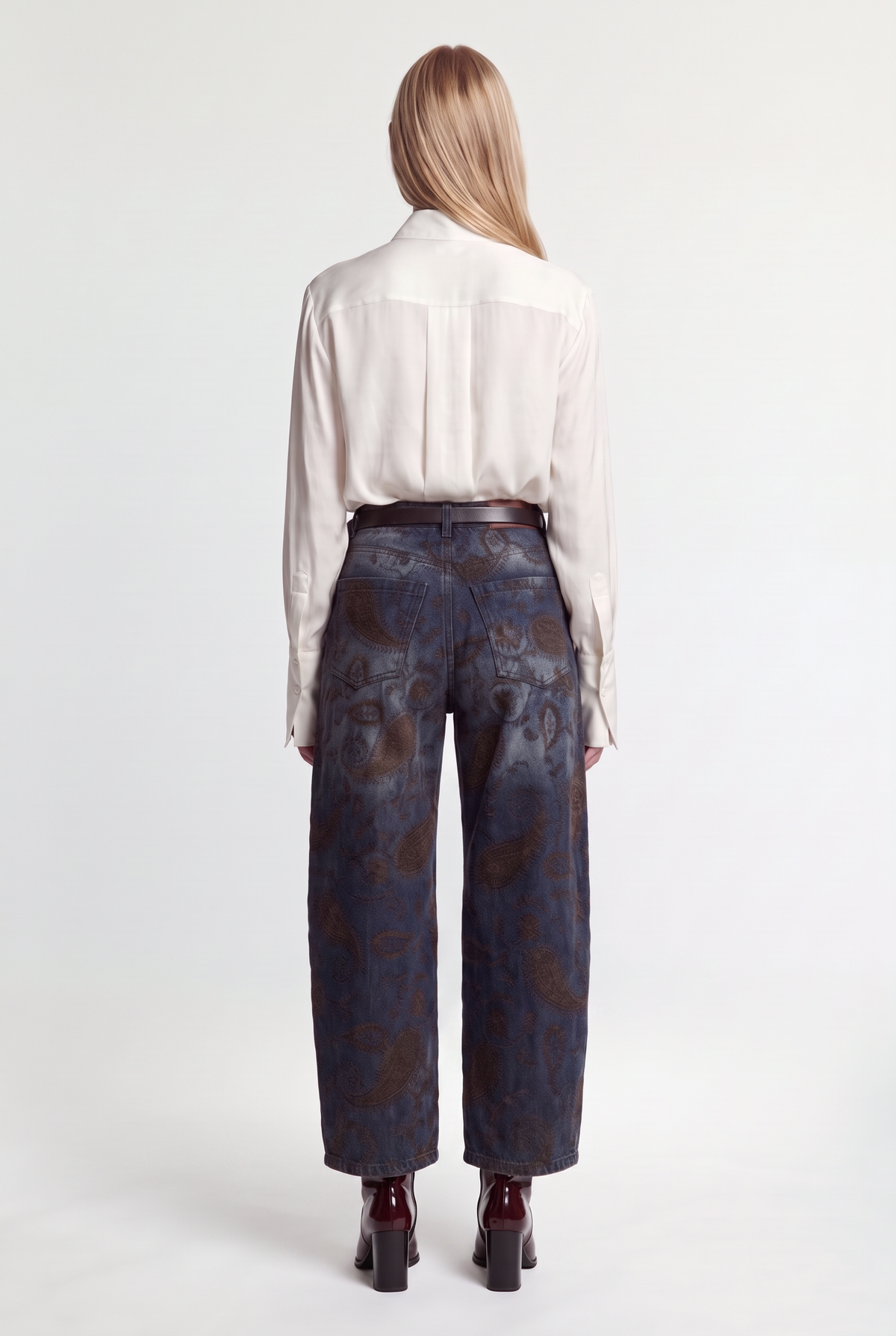 Paisley-Embroidered Barrel Jeans - Blue Denim - back view