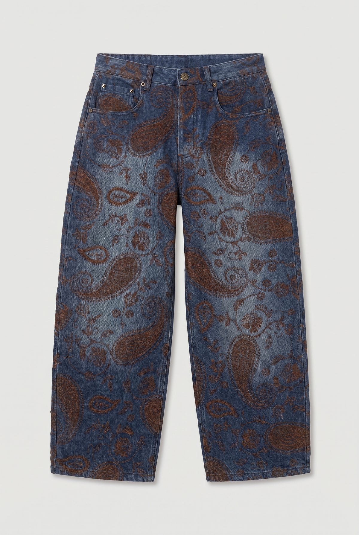 Paisley-Embroidered Barrel Jeans - Blue Denim - flat lay