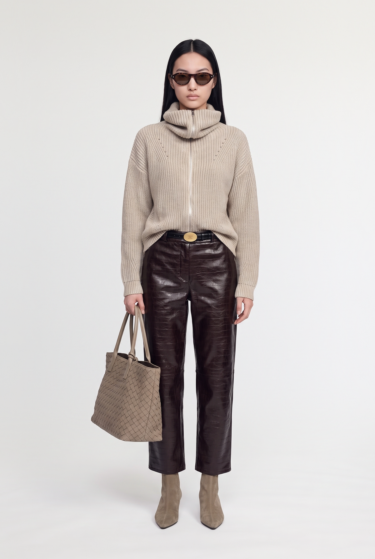 Zip-Up Funnel Neck Knit Sweater - Beige - front view