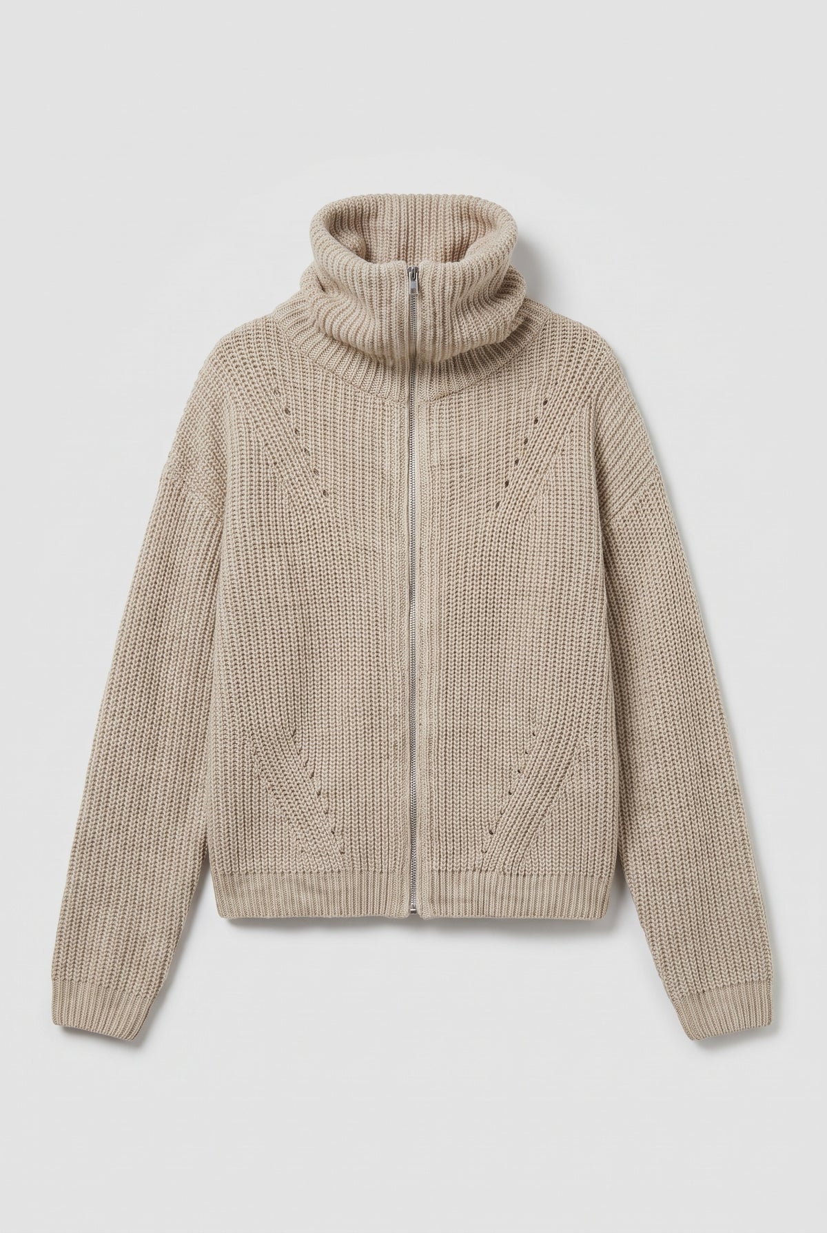 Zip-Up Funnel Neck Knit Sweater - Beige - flat lay