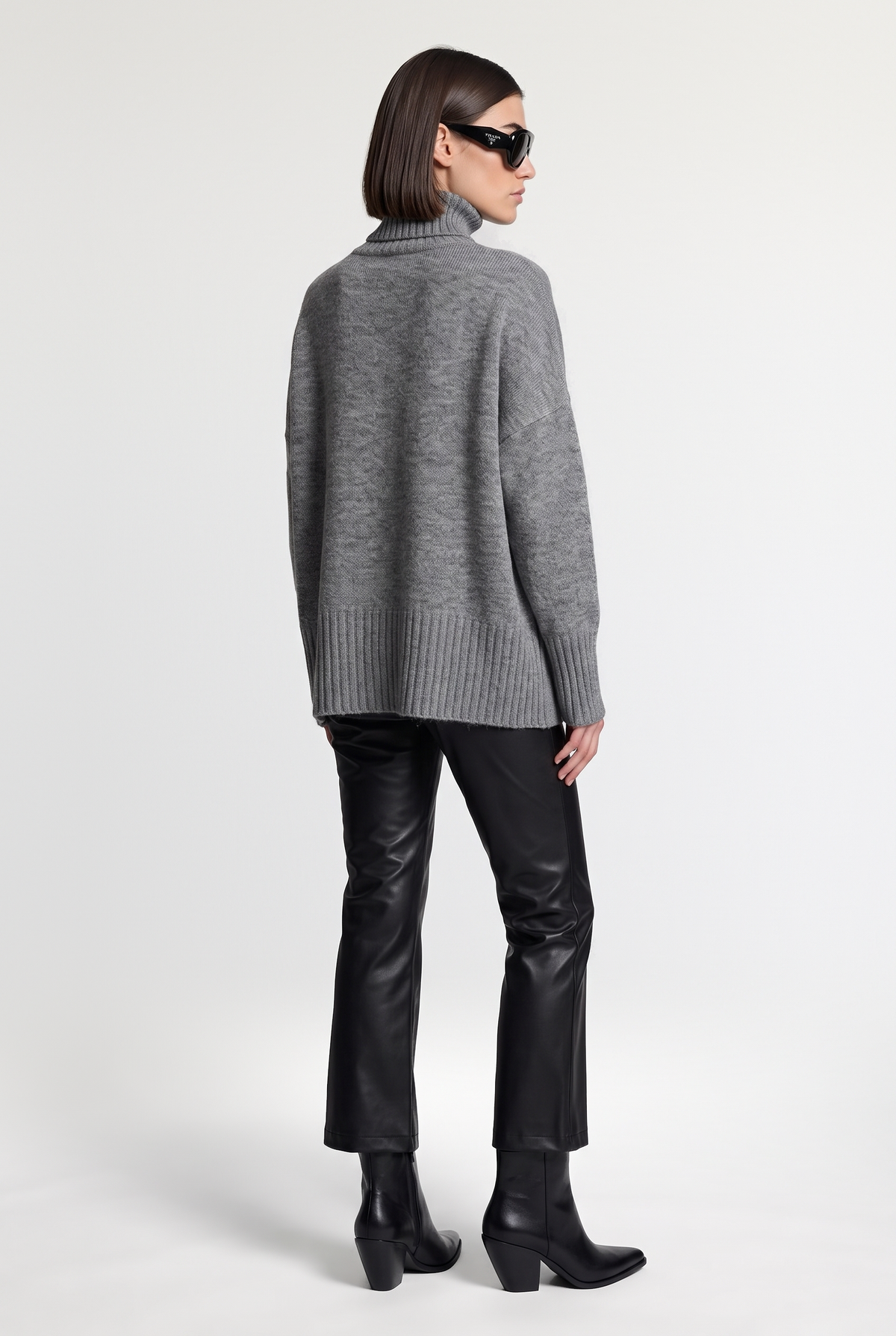 Oversized Turtleneck Knit Sweater - Grey - back view