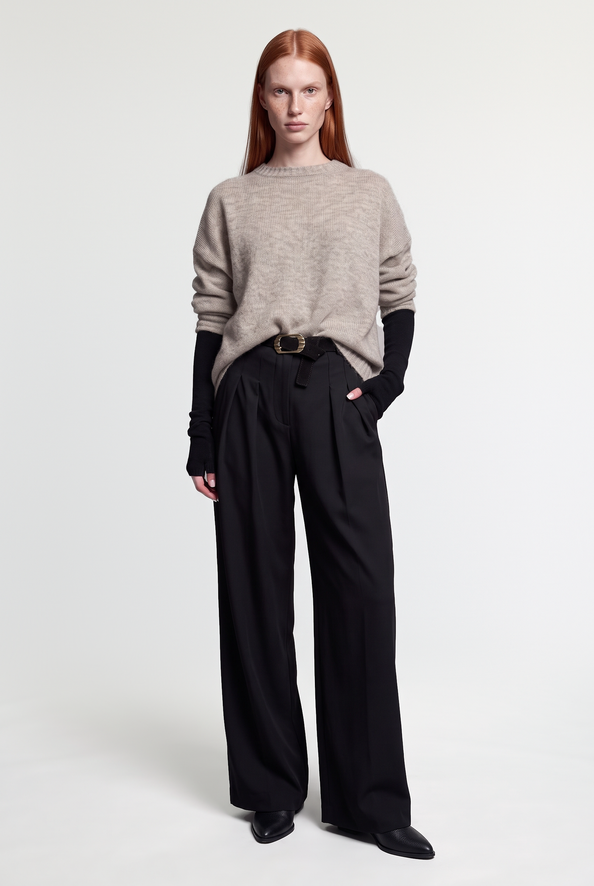 Oversized Crewneck Sweater - Beige - front view