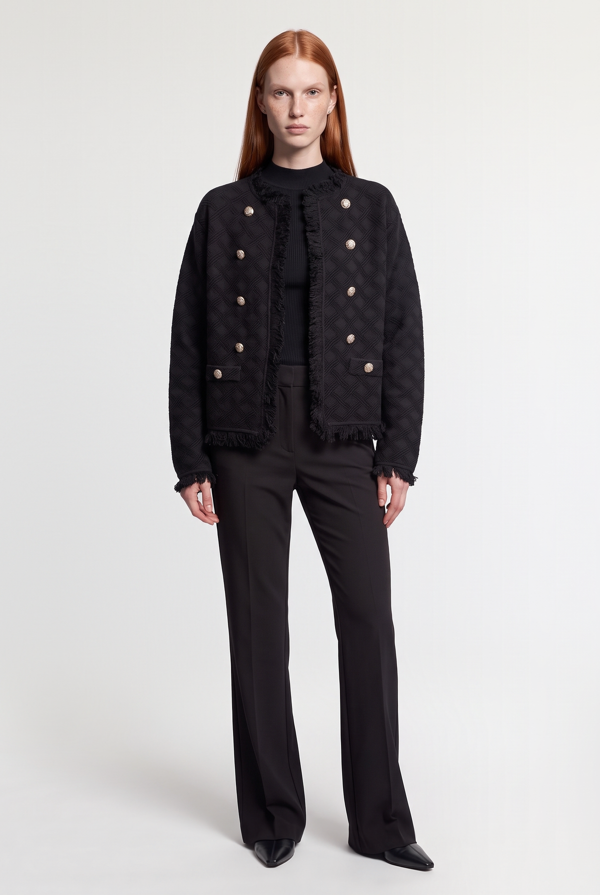 Black fringed quilted-knit jacket - Black - front view