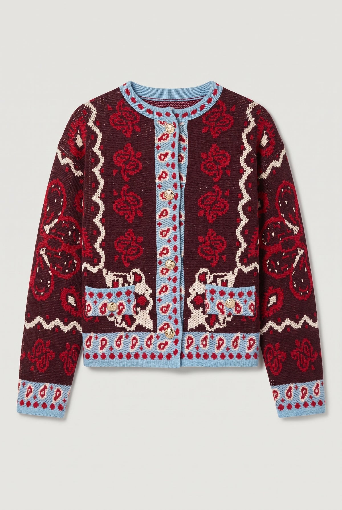 Jacquard knit cardigan - Burgundy - flat lay