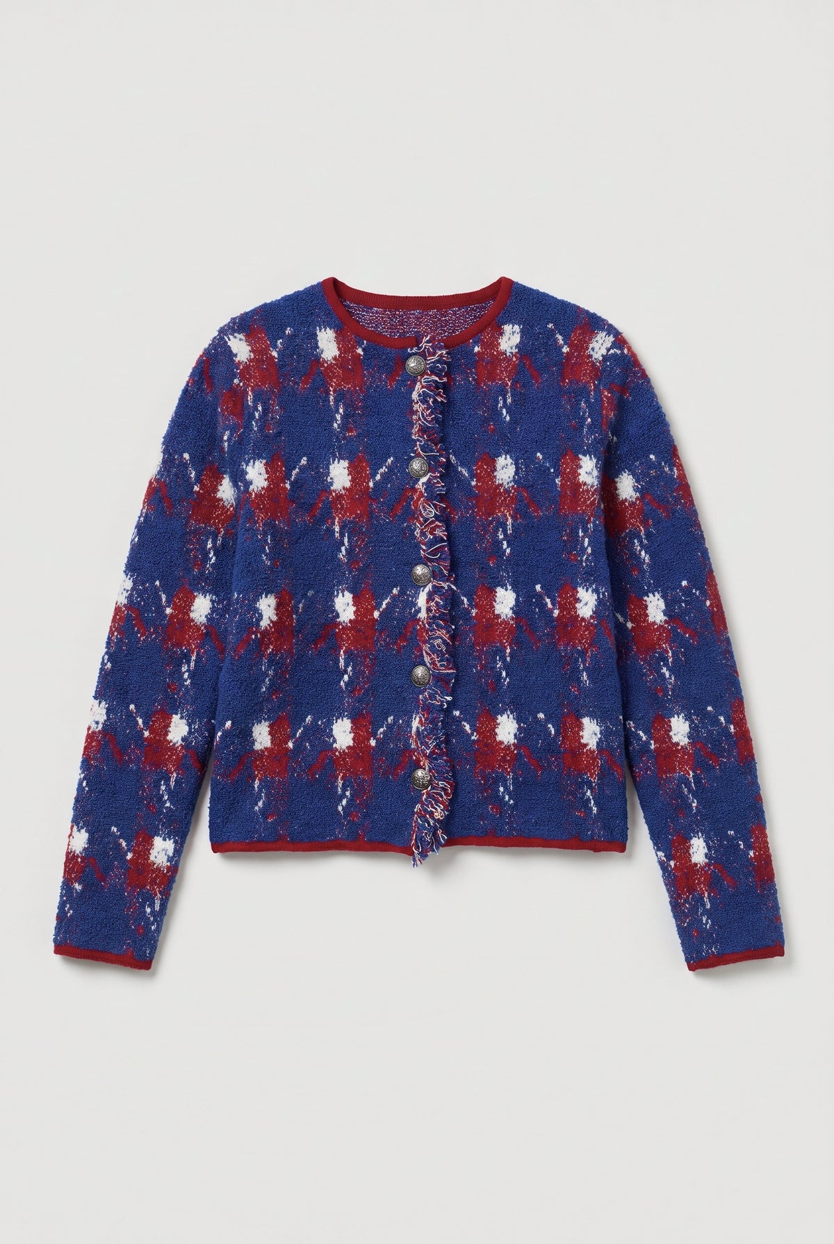 Bouclé Plaid Knit Cardigan with Fringe Trim - Blue/Red - flat lay