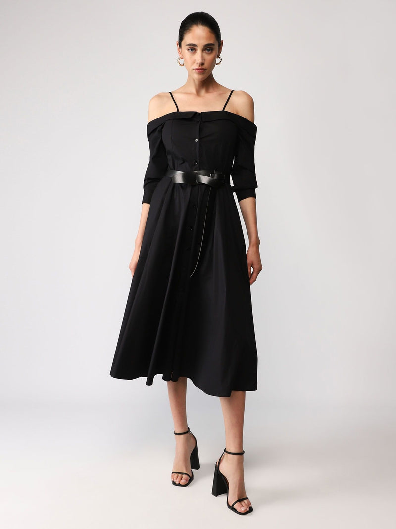 Robe midi ceinturée à col Bardot