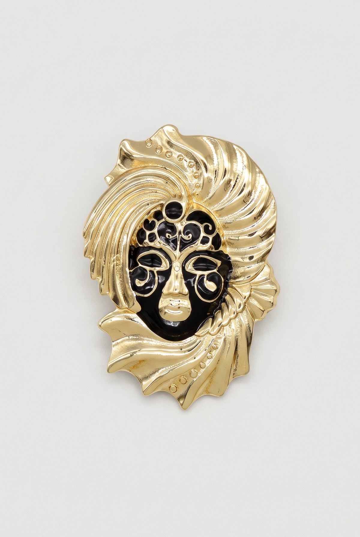 Venetian mask brooch - Gold + black - still