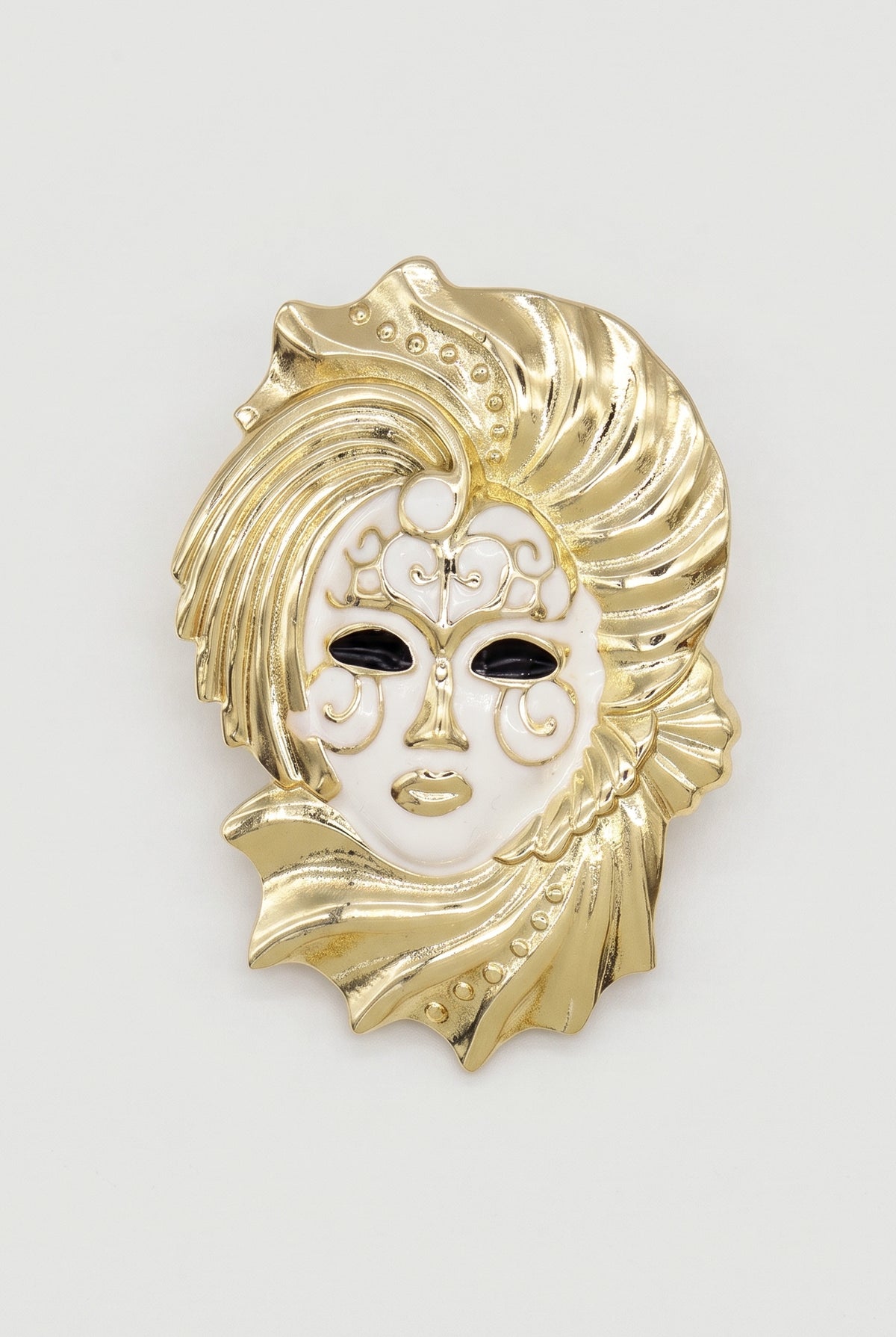 Venetian mask brooch - Gold + white - still