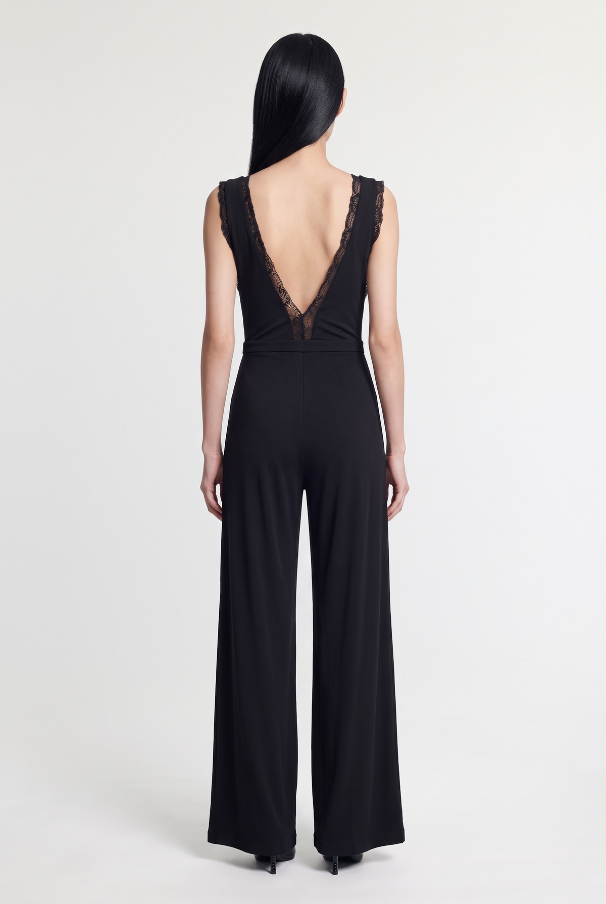 Sheer Lace Deep-V Jumpsuit - Black - back view