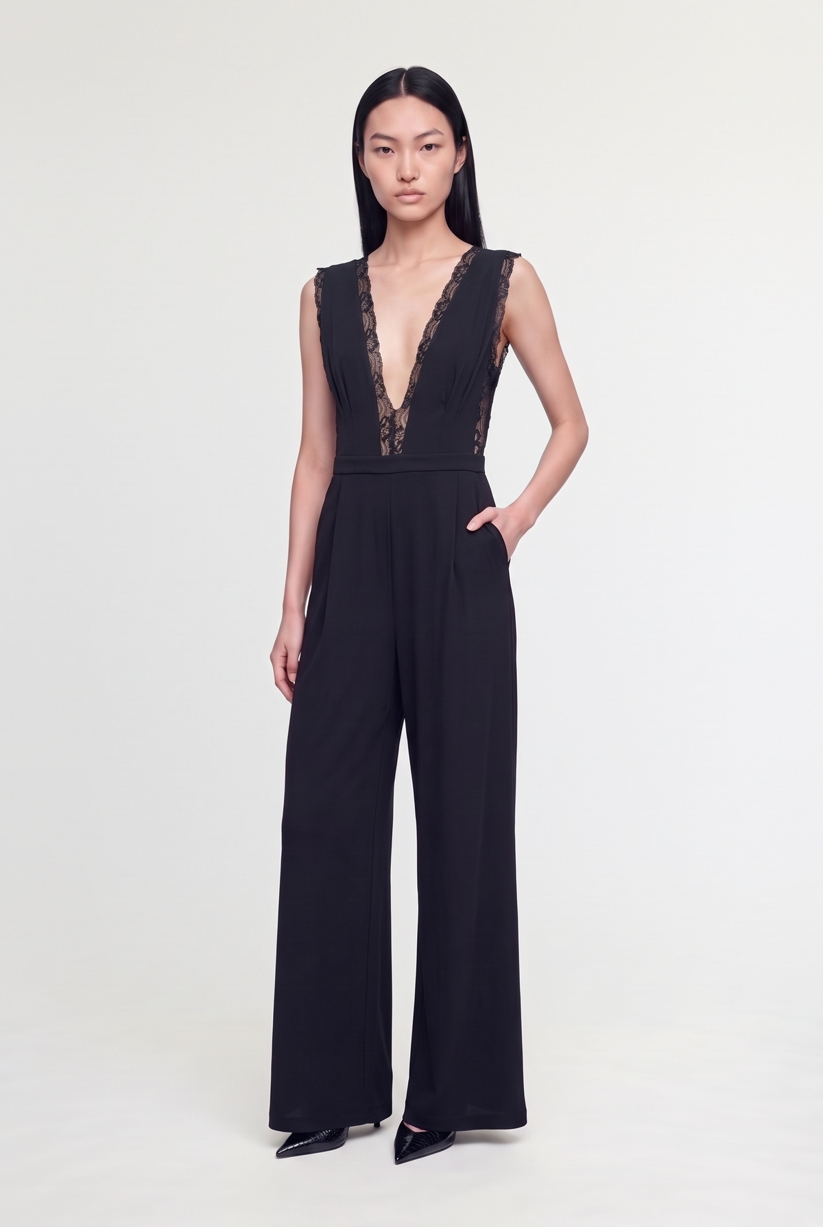 Sheer Lace Deep-V Jumpsuit - Black - front view