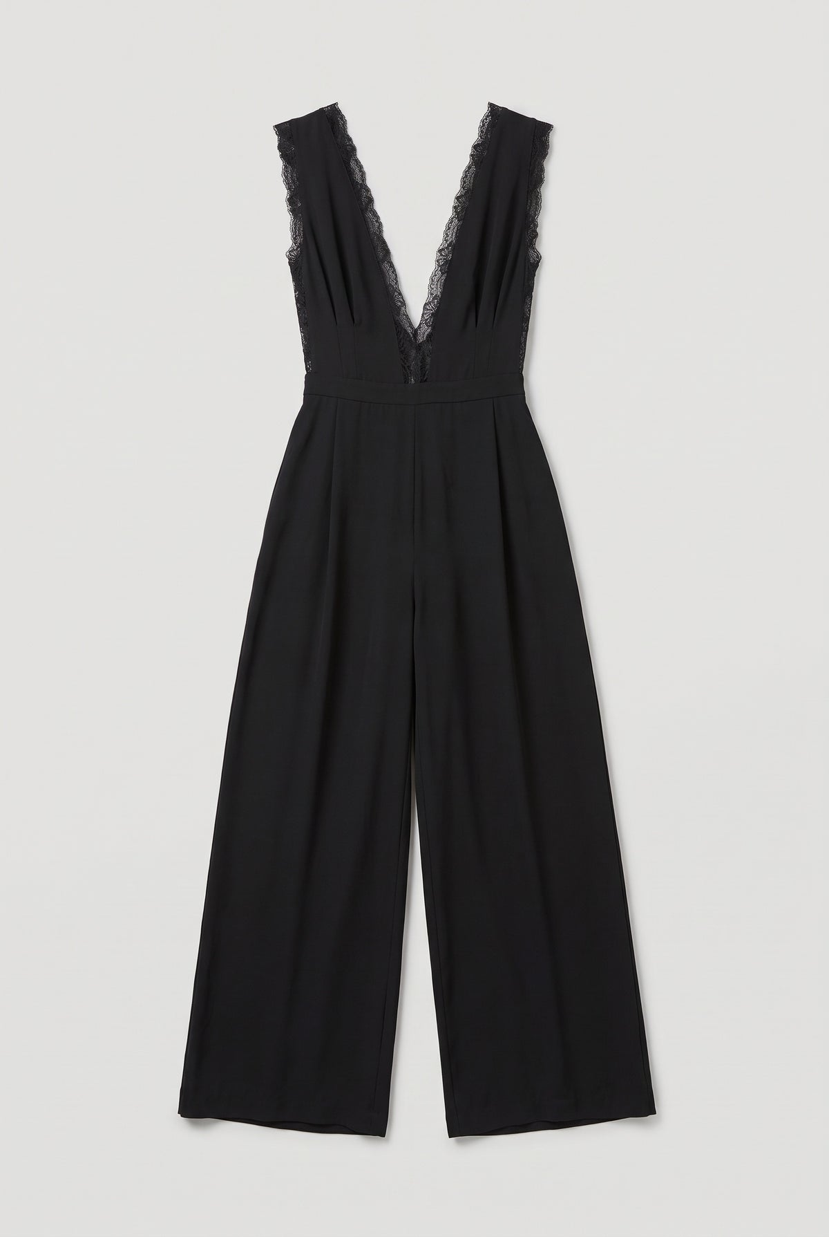 Sheer Lace Deep-V Jumpsuit - Black - flat lay
