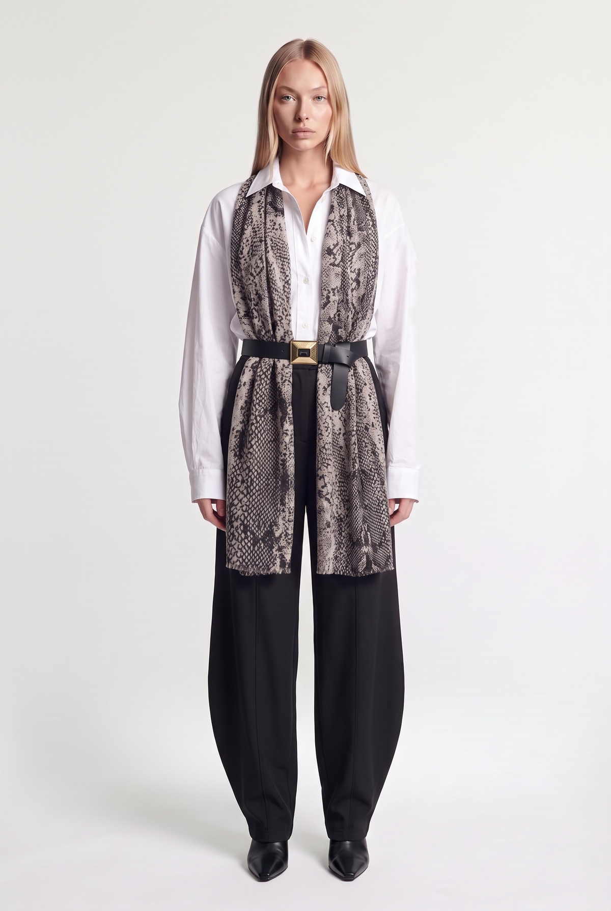 Snake-Print Scarf - Black - On model, worn as a belted vest
