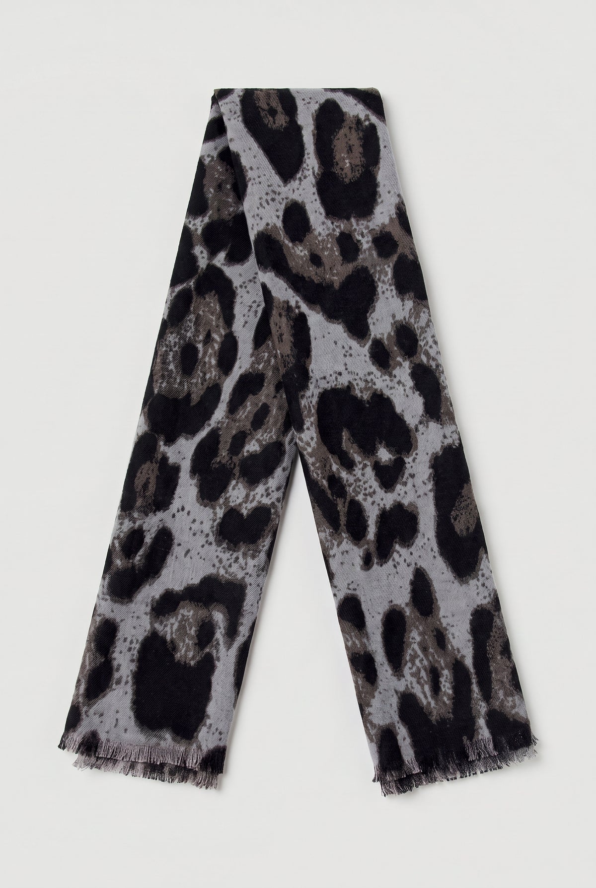Large leopard-print scarf with eyelash fringe - Grey - Flat lay, long