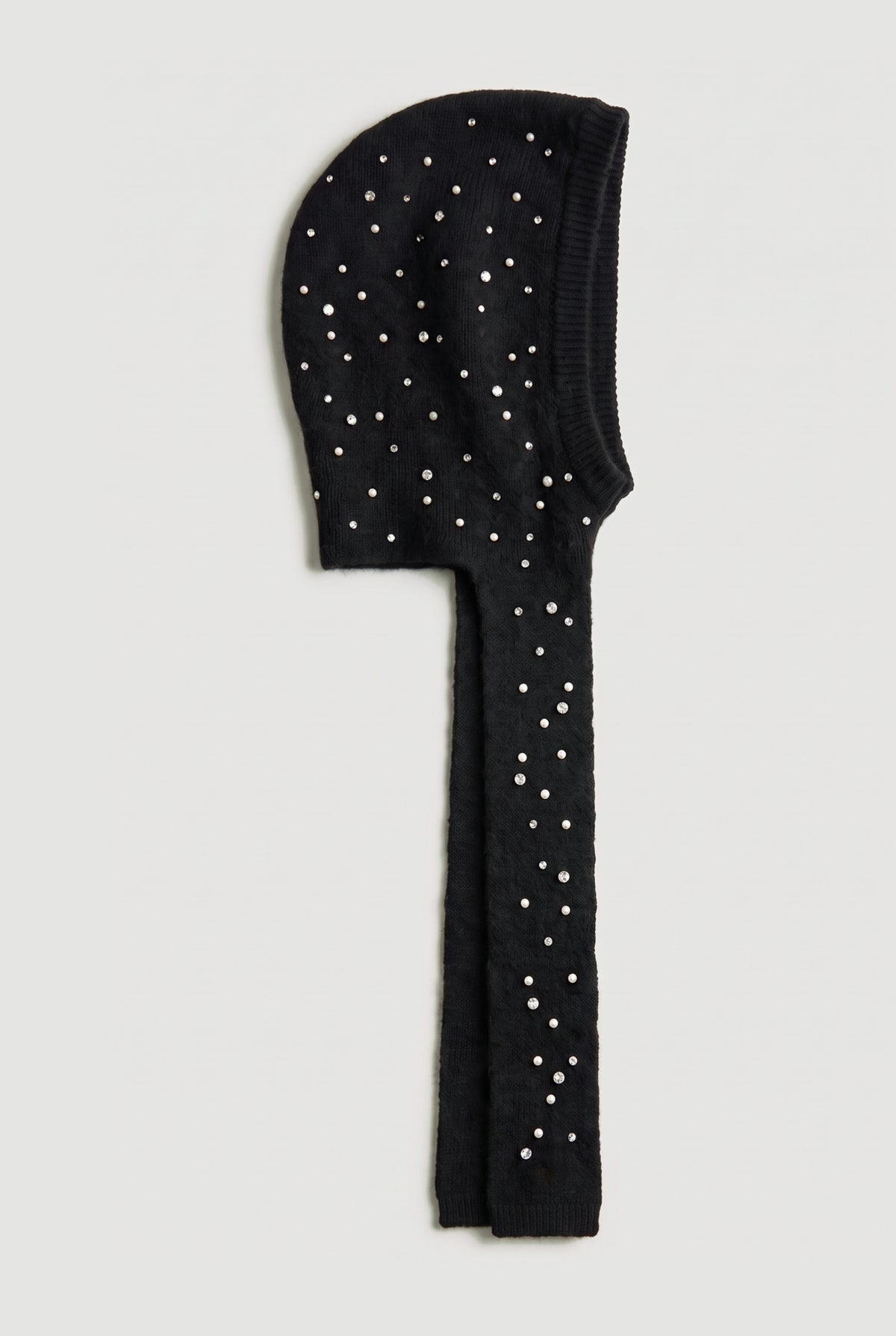 Knit hooded scarf with pearl and crystal studs - Black - flat lay