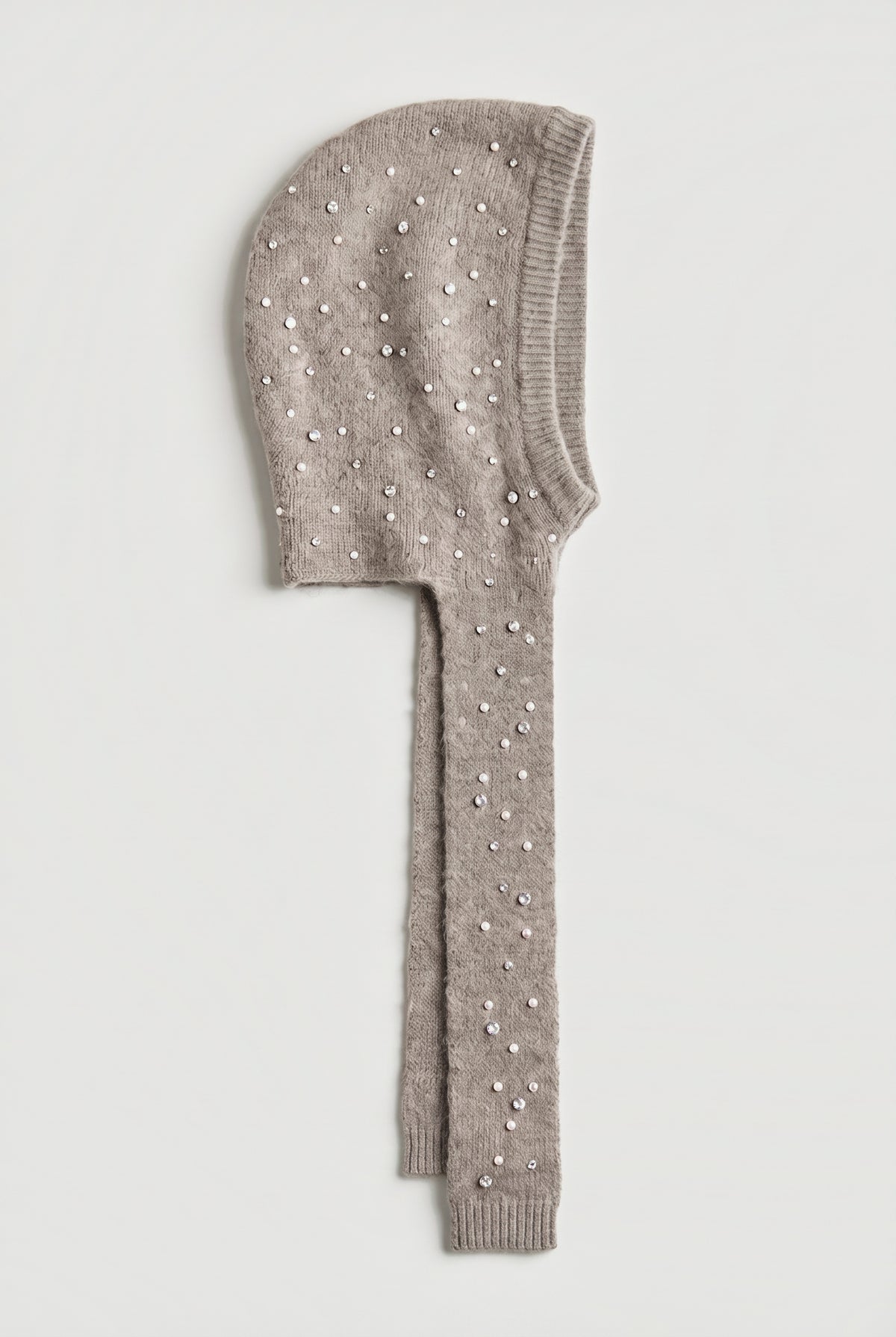 Knit hooded scarf with pearl and crystal studs - Taupe - flat lay