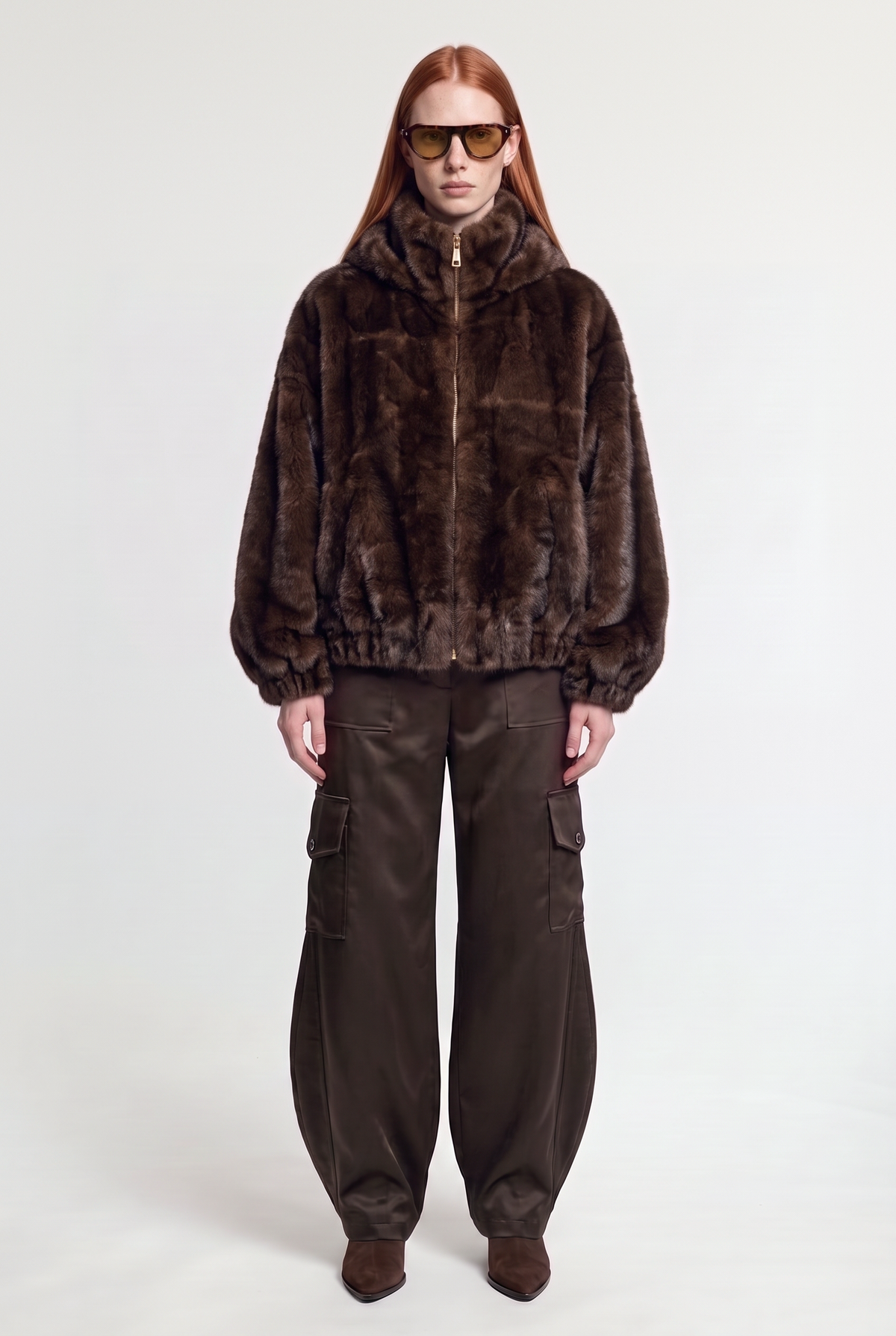 Faux-Fur Hooded Bomber Jacket - Brown - on model, front
