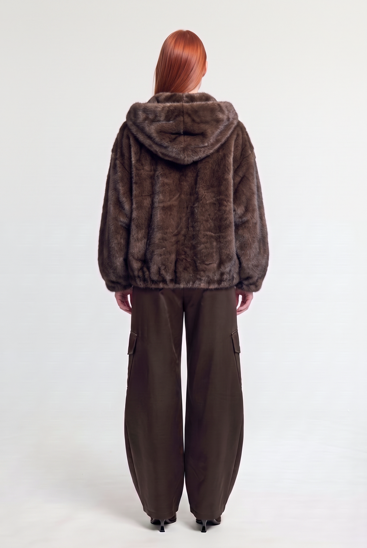 Faux-Fur Hooded Bomber Jacket - Brown - on model, back