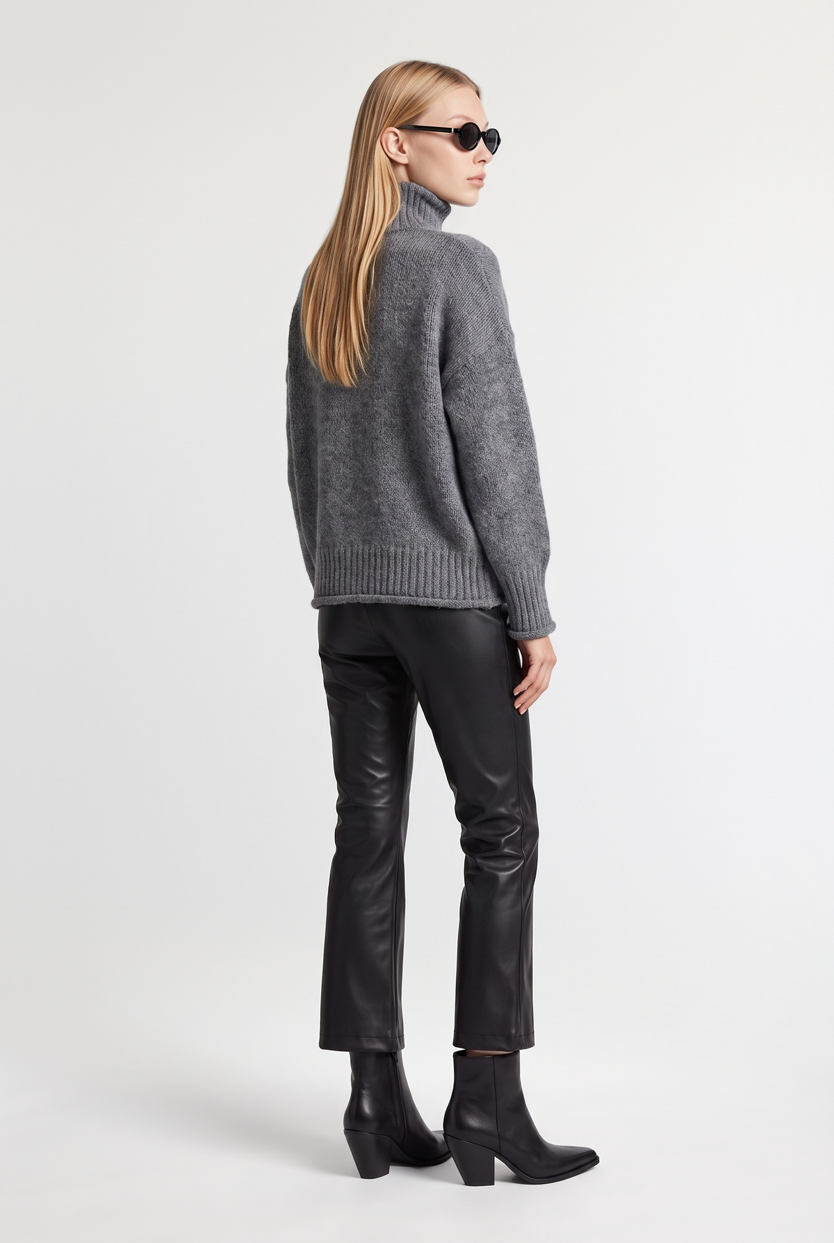 Chunky Turtleneck Knit Sweater - Grey - back view