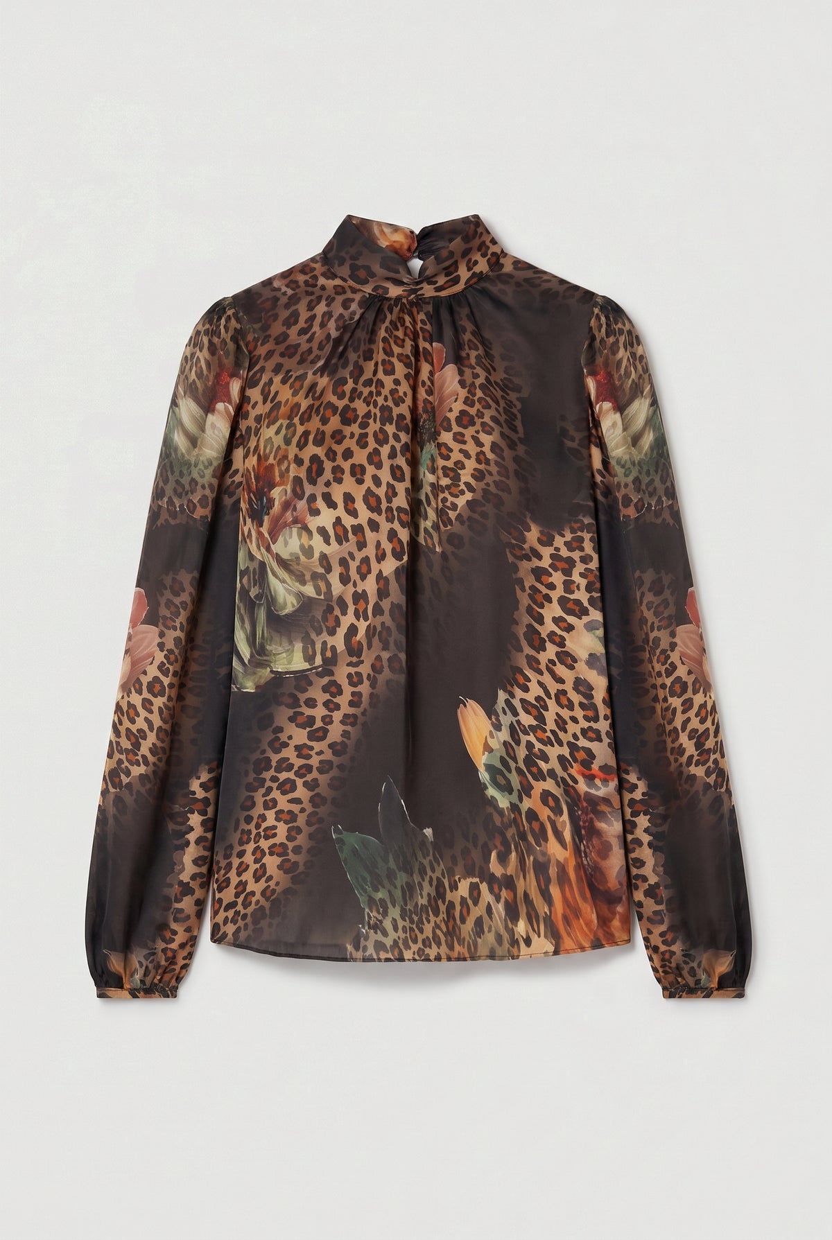 Animal-Print Satin Bow Blouse - Black - flat lay