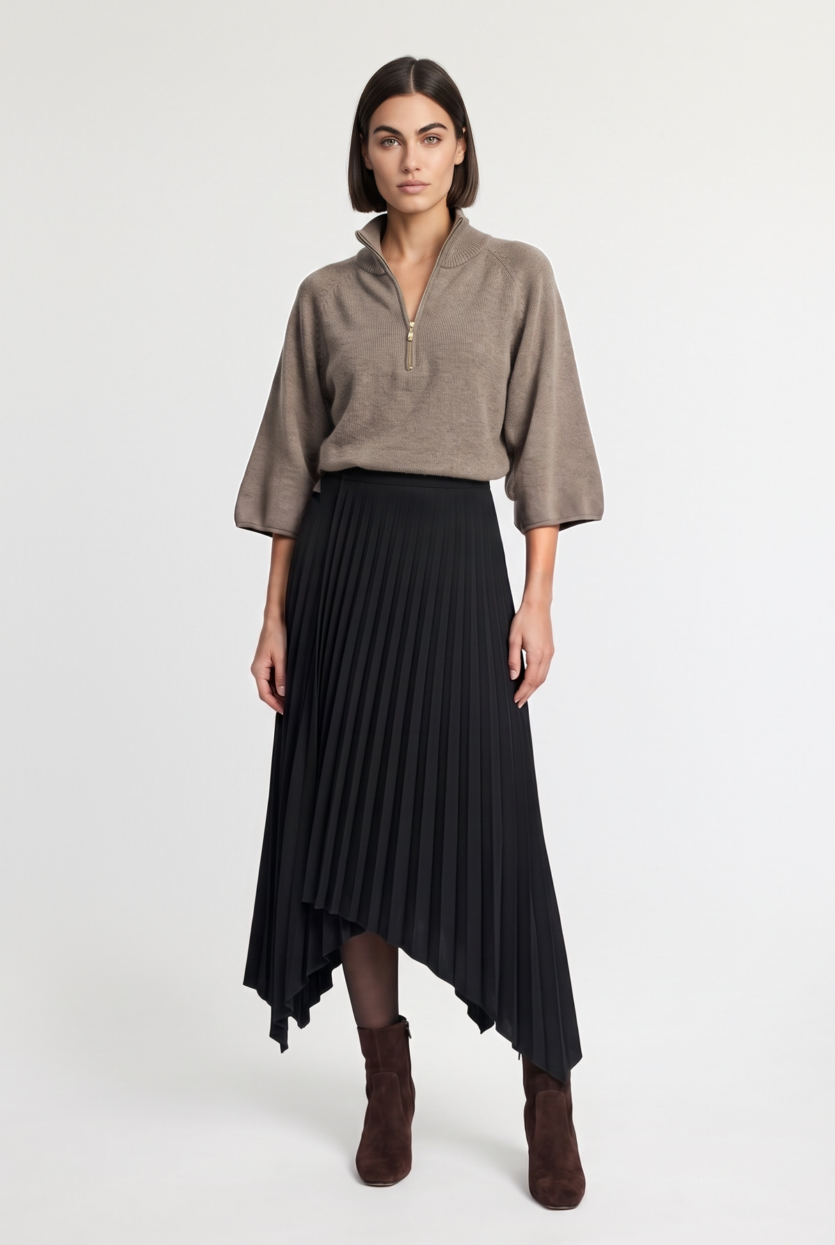 Asymmetrical Pleated Midi Skirt - Black - front view