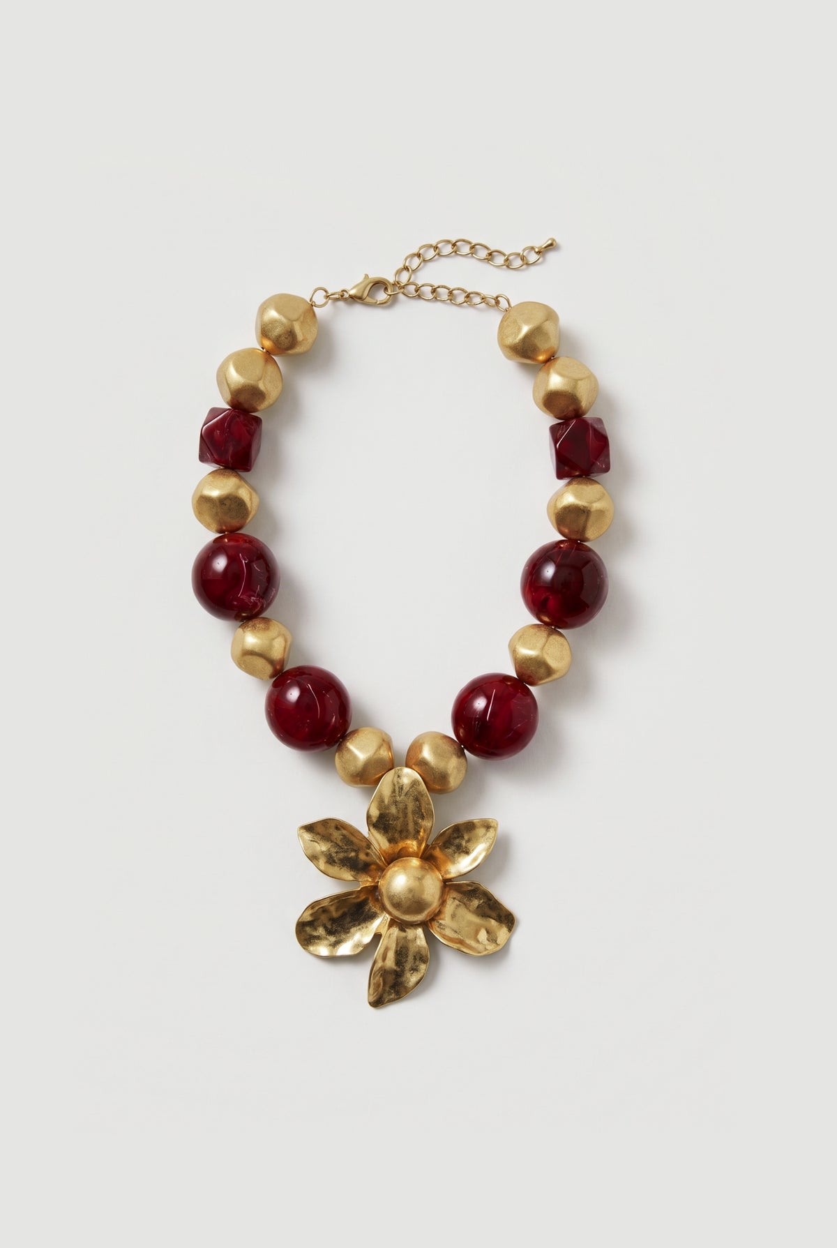 Bead necklace with a flower pendant - Gold + red - still