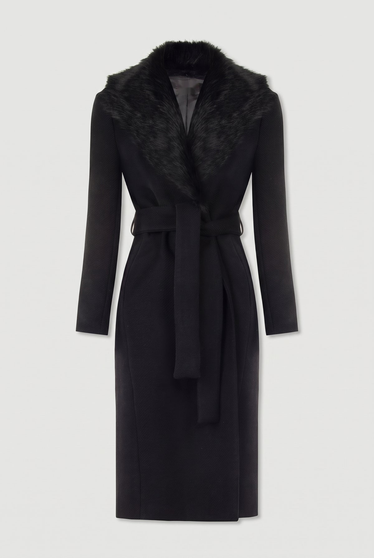 Belted Coat with Faux-Fur Collar - Black - flat lay