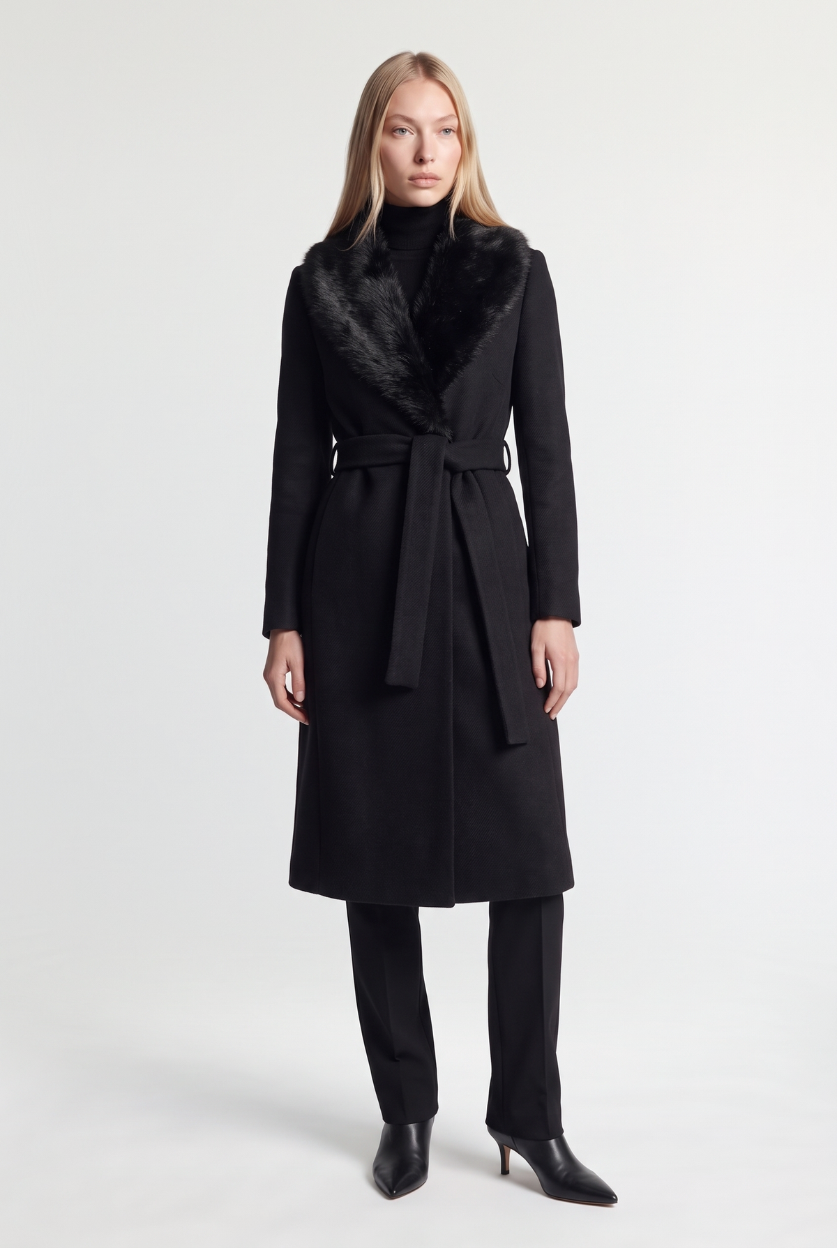 Belted Coat with Faux-Fur Collar - Black - front view