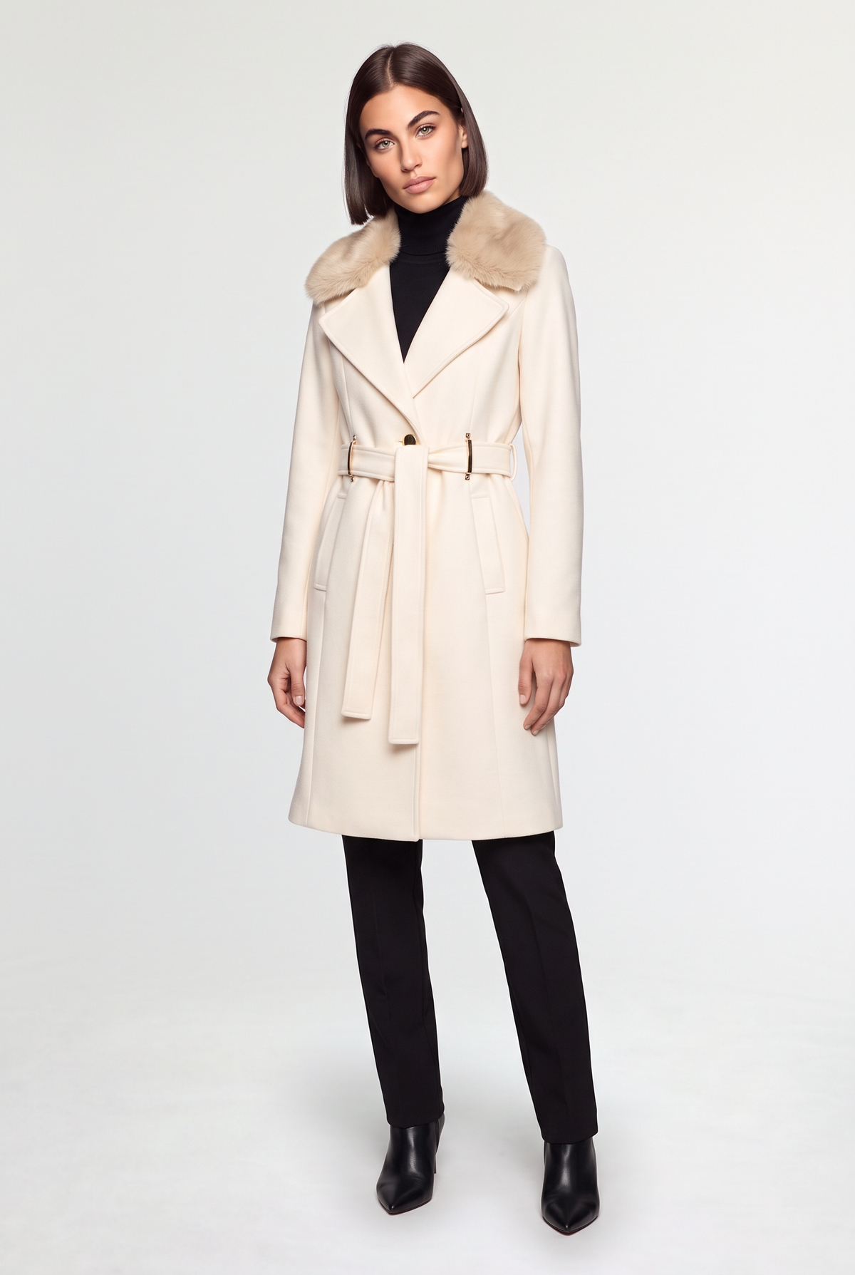 Belted Coat with Faux-Fur Collar - White - front view, second option