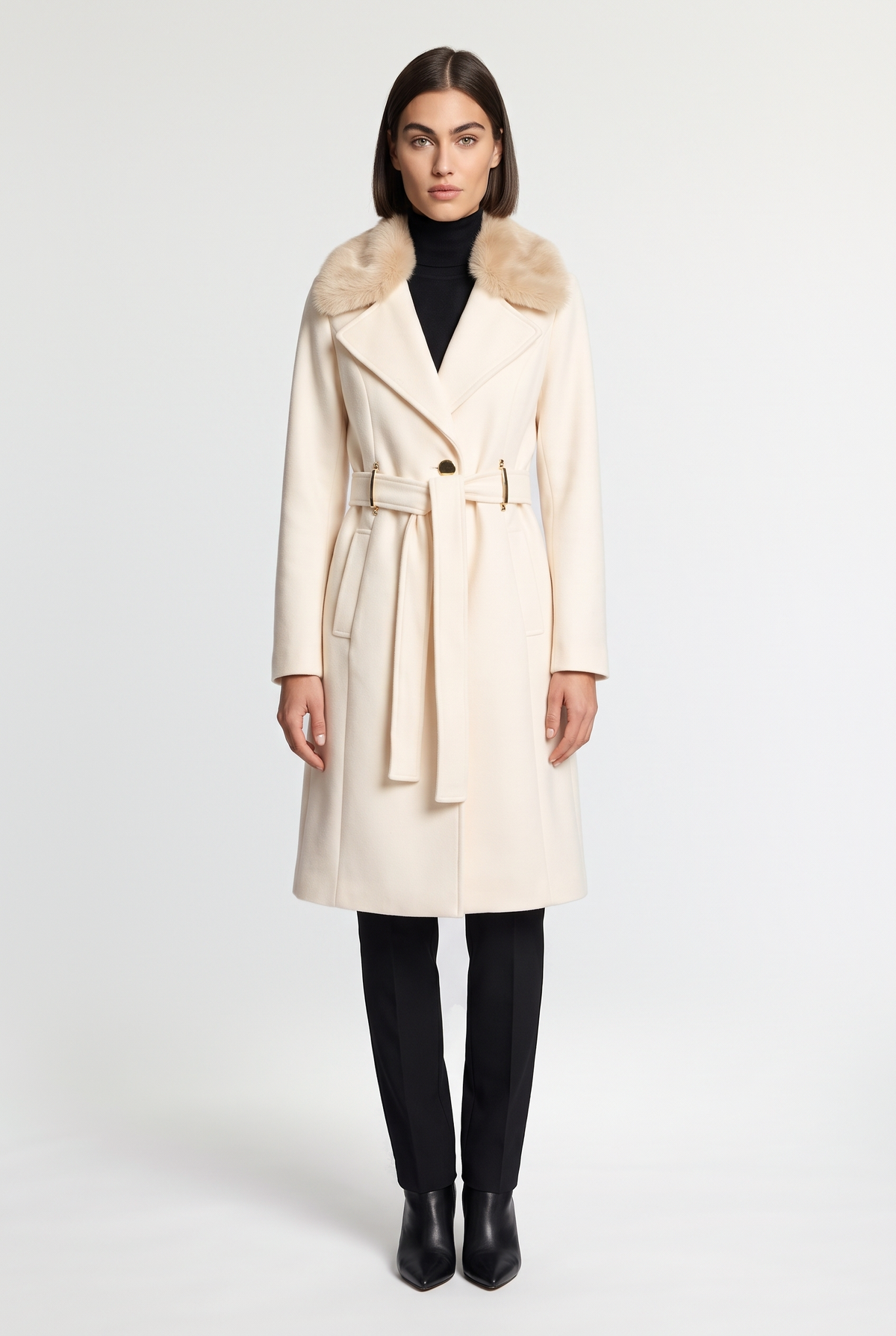 Belted Coat with Faux-Fur Collar - White - front view