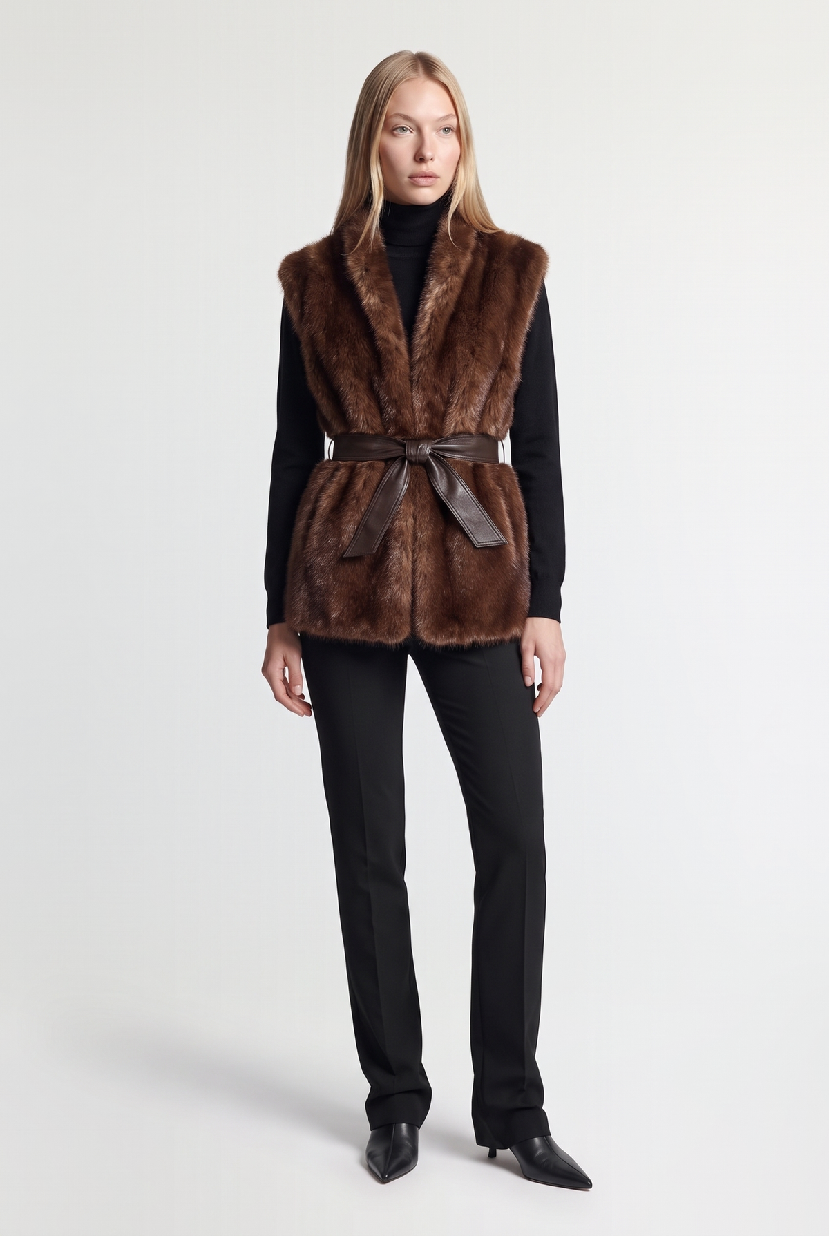 Belted Faux-Fur Vest - Brown - front view